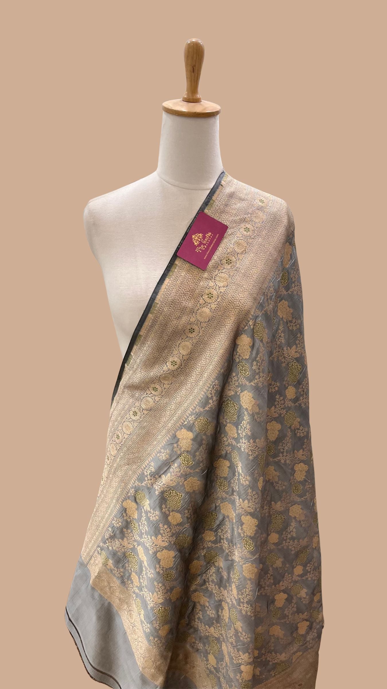 Pure Katan Silk Banarasi Handloom Dupatta - Jaal with  meenakari