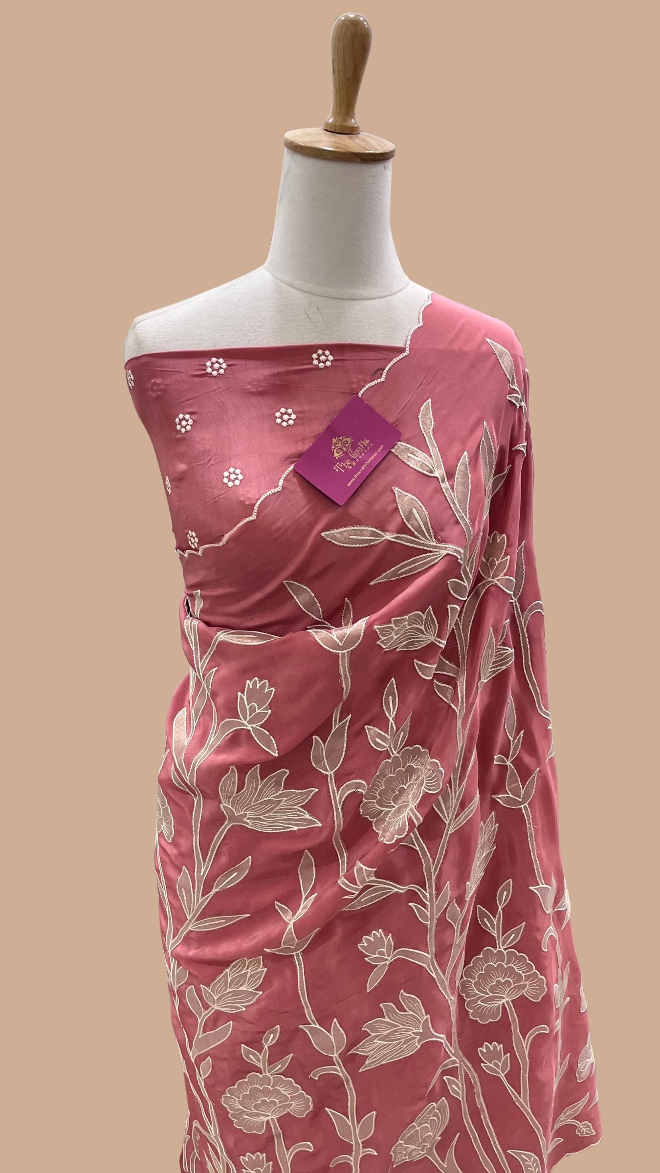Pure Crepe Silk Banarasi Saree - Floral Appliqué Work