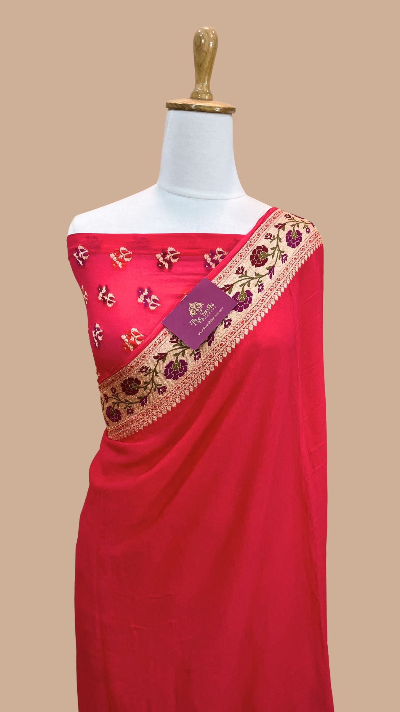 Hot Pink Pure Khaddi Chiffon Banarasi Saree