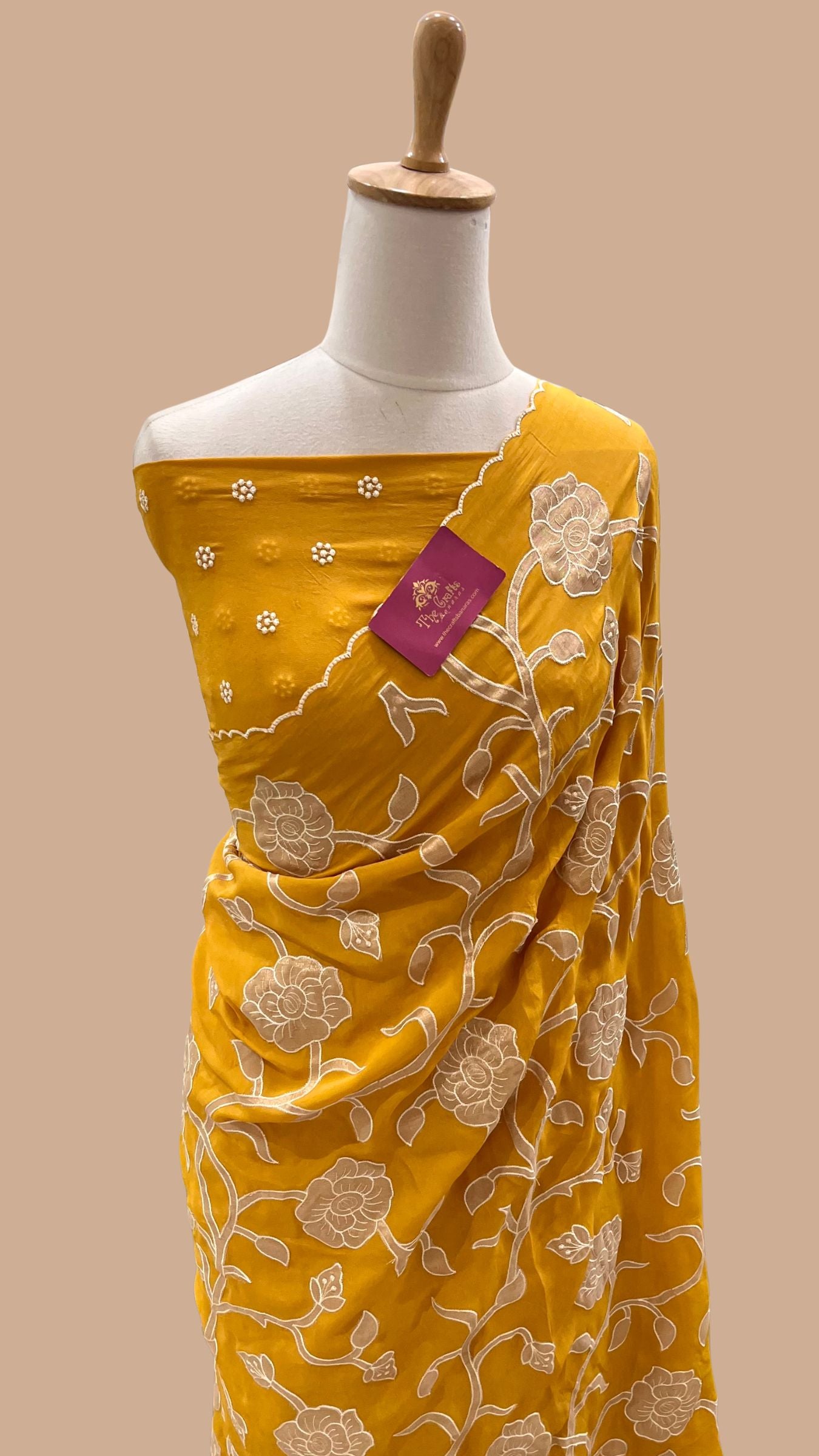Pure Crepe Silk Banarasi Saree - Floral Appliqué Work