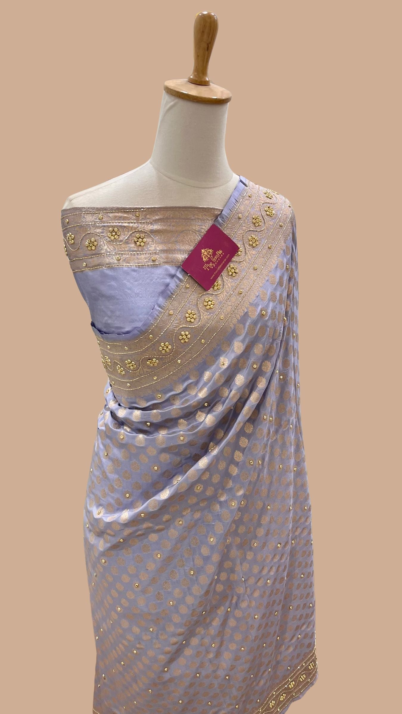 Pure Katan Silk Handloom Banarasi Saree - Jaal work with Handwork Zardozi Cut Dana and Stone Work