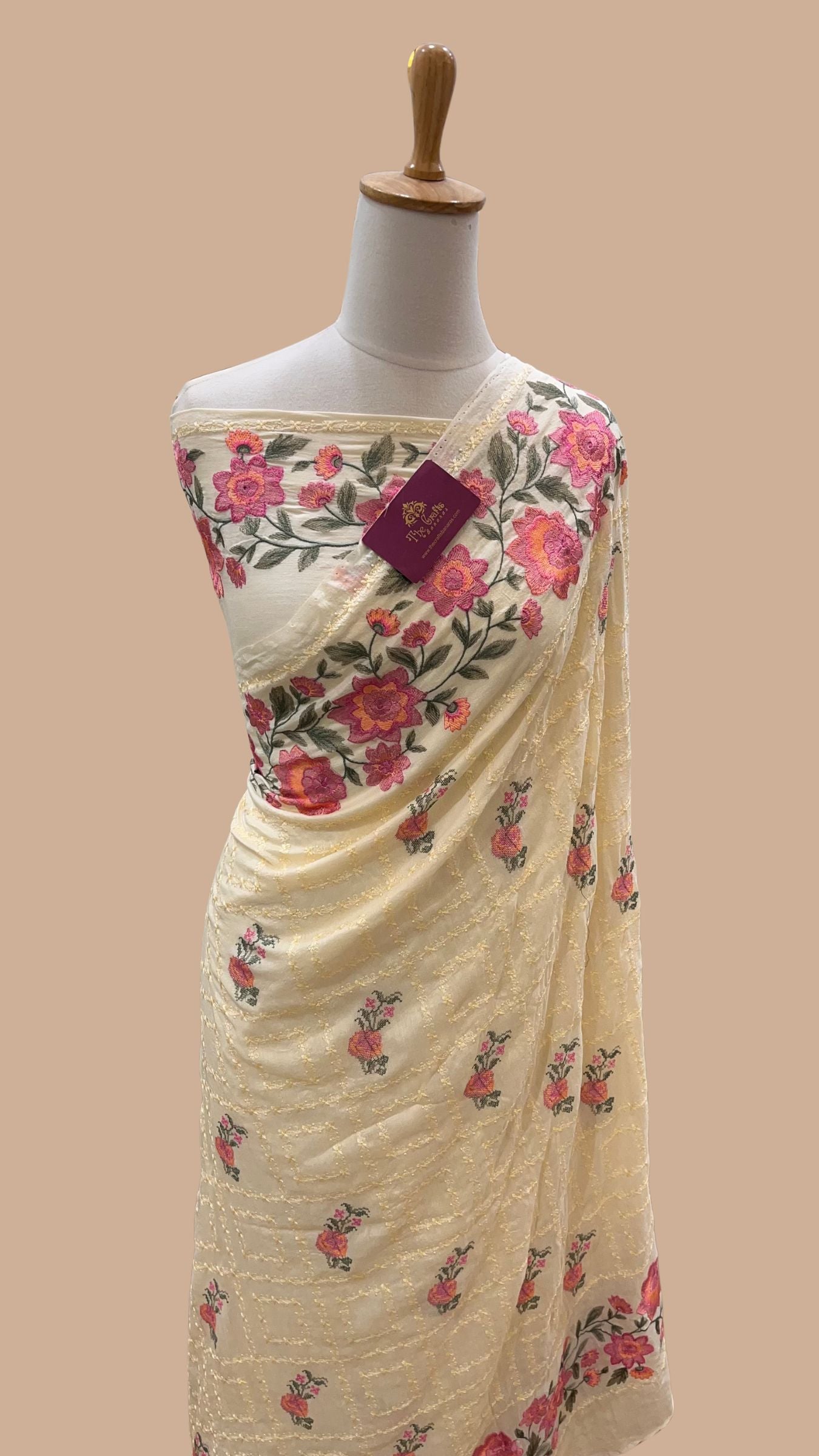 Pure Munga Silk Banarasi Saree - Chikankari all over