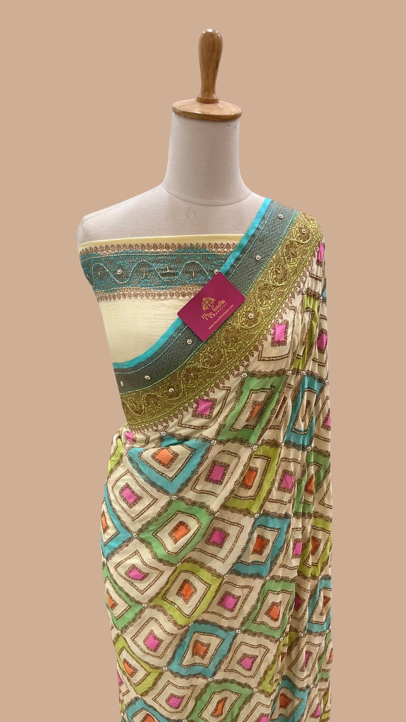 Pure Crepe Georgette Handloom Banarasi Saree - Antique Zari with Cut Dana & Motifs Handwork