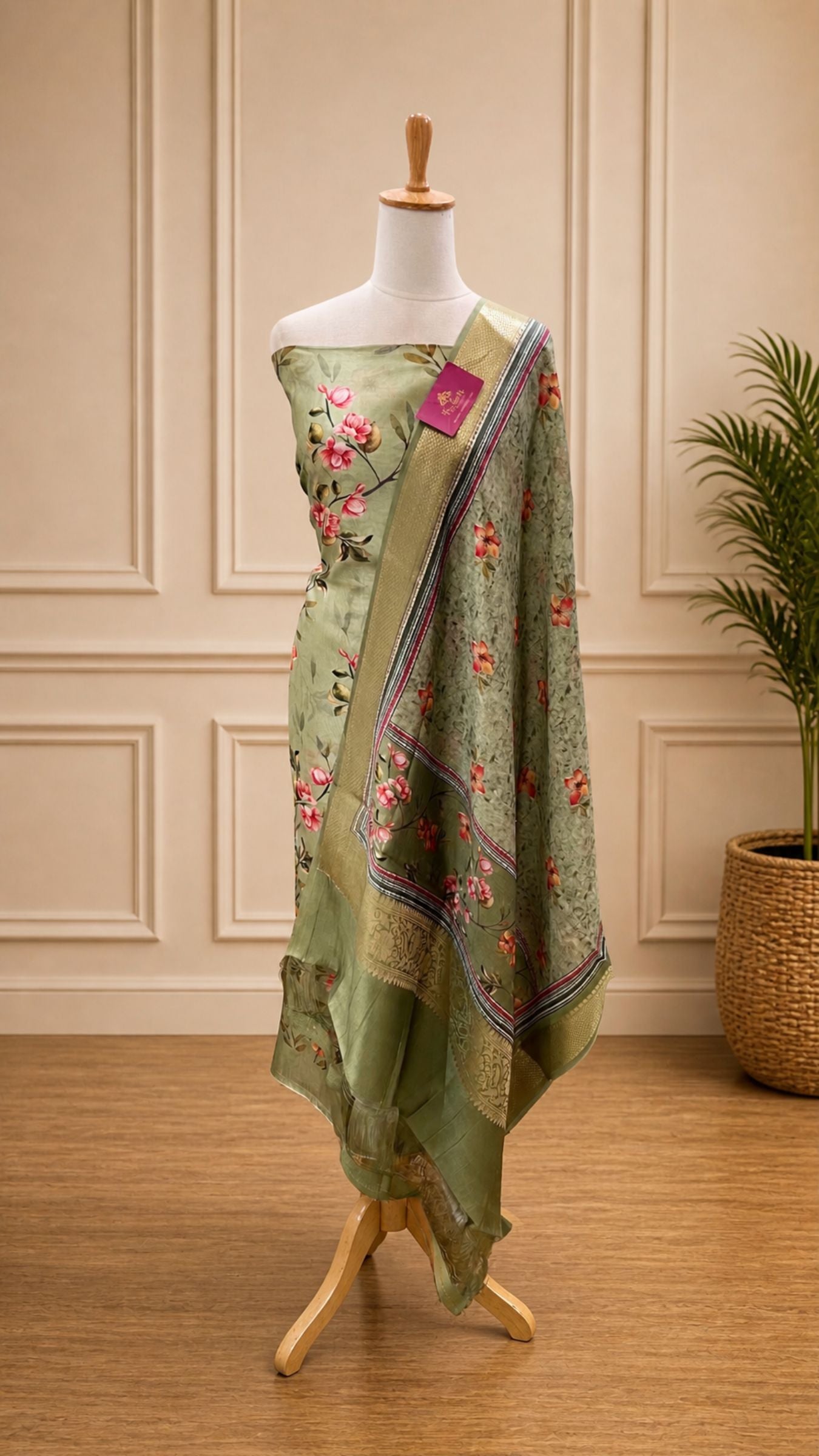 Pure Mango Silk Banarasi Dress Material - Digital Print All over