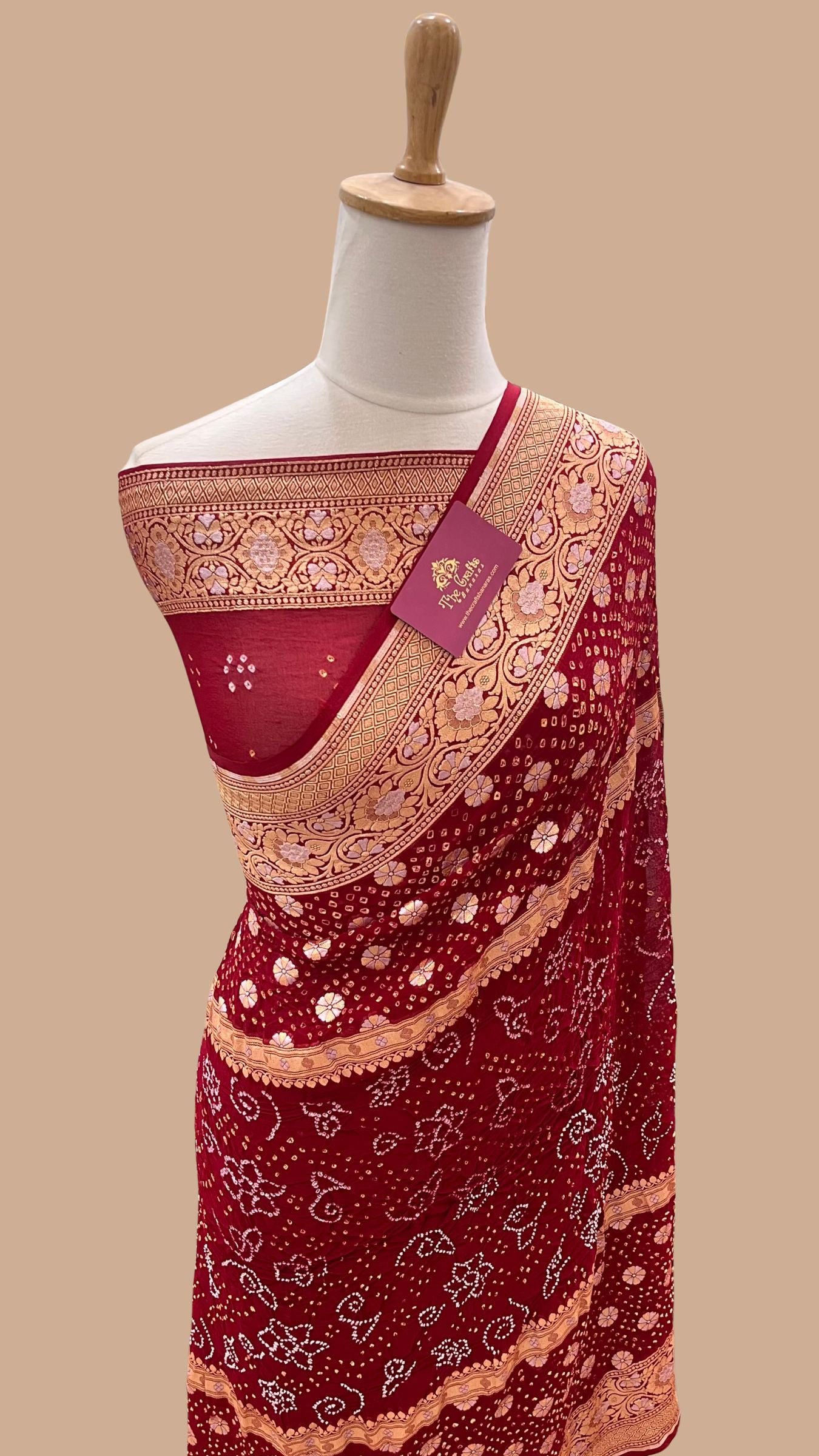 Pure Georgette Banarasi Handloom Bandhej Saree - All over Sona rupa Jaal work