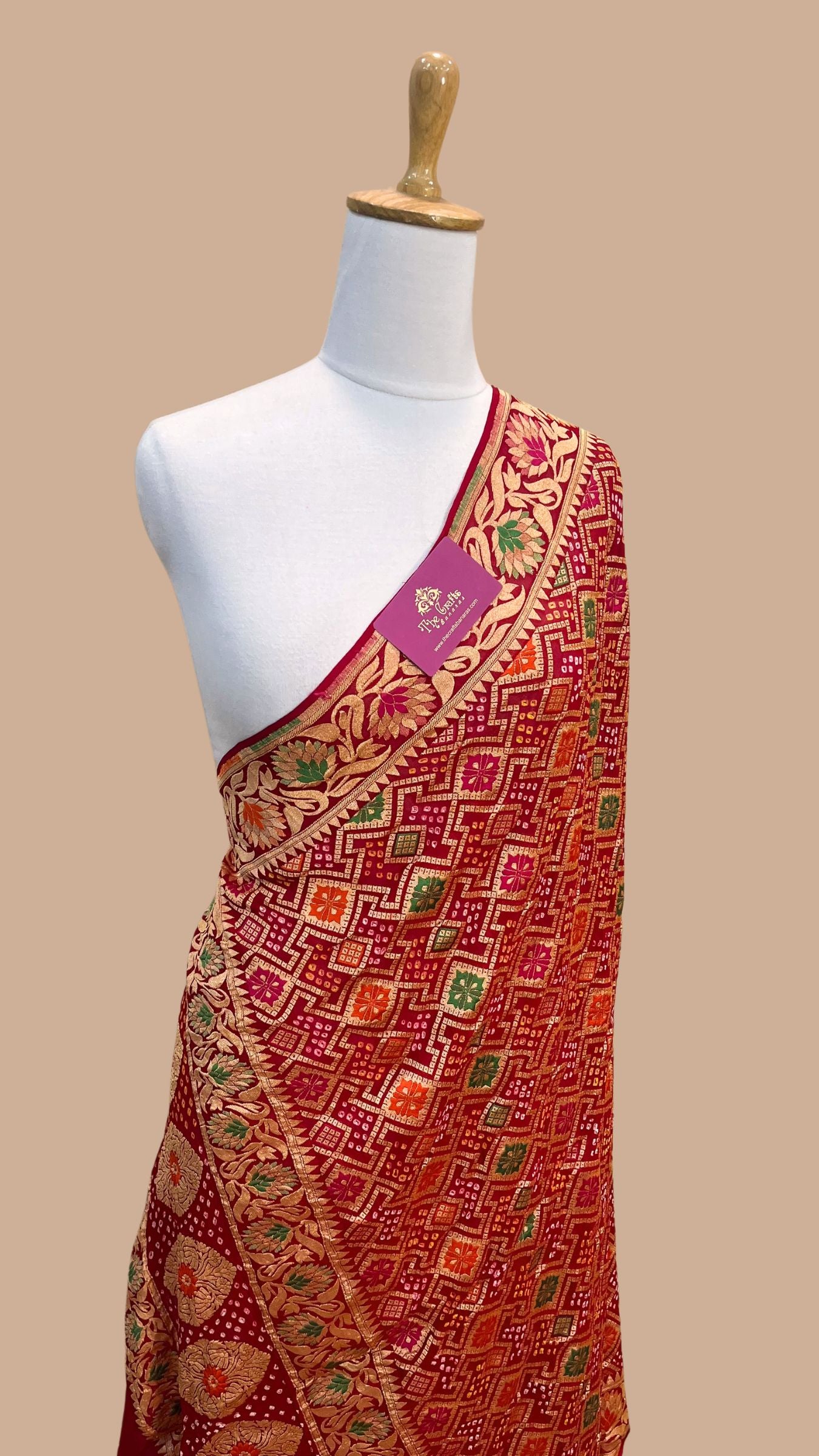 Khaddi Georgette Banarasi Handloom Bandhej Dupatta - Meenakari