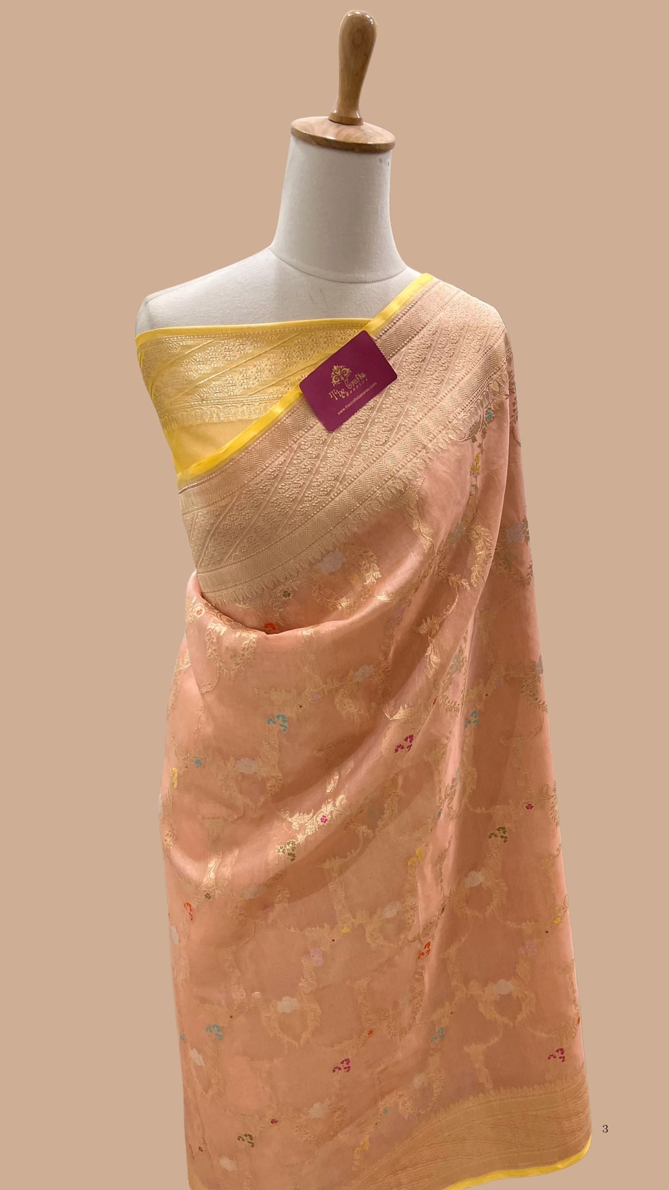 Pure Kora Silk Handloom Banarasi Saree - Gold Zari Jangla with Meenakari Bootis