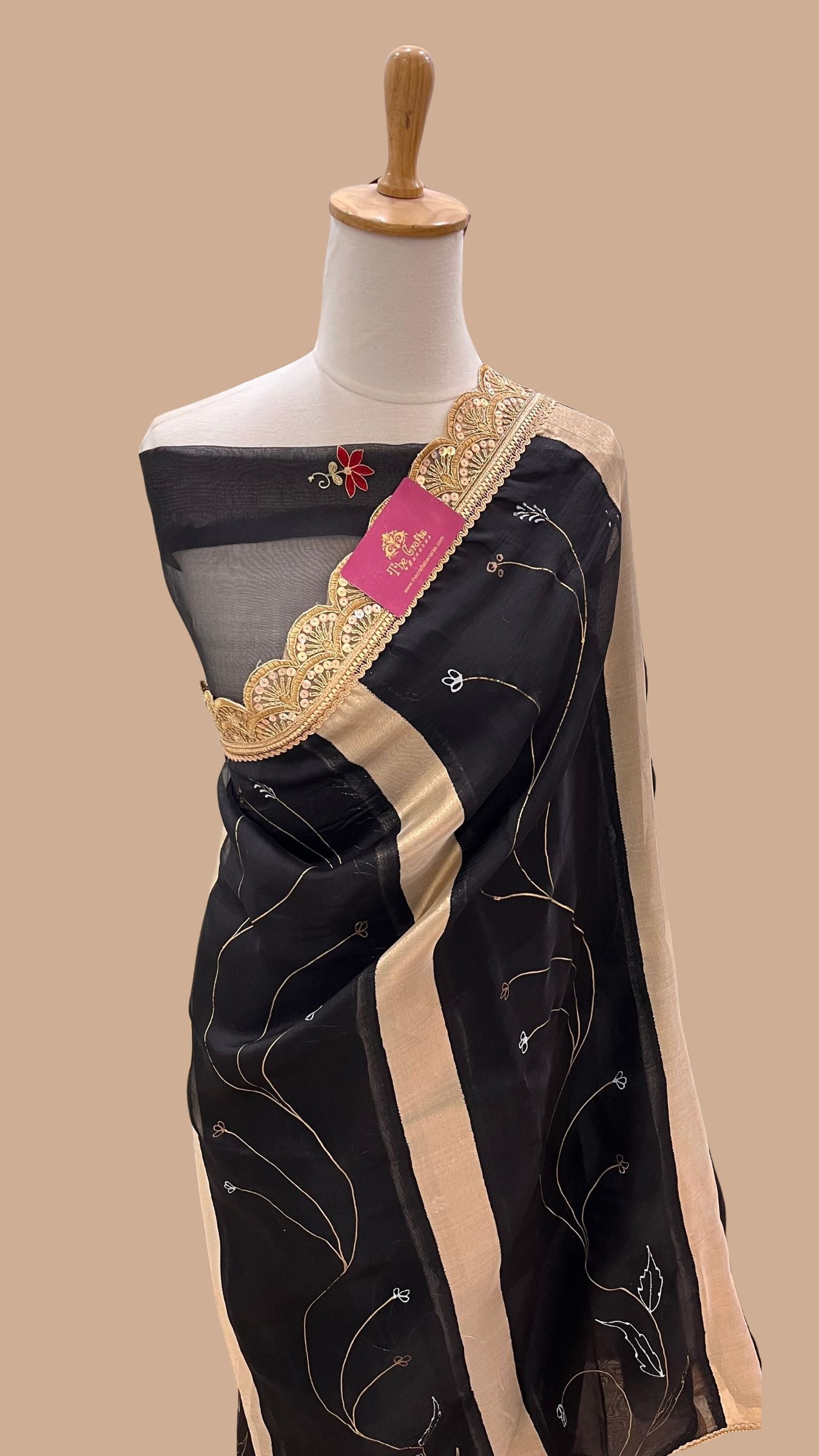 Pure Organza Silk Handloom Banarasi Saree - With Handwork