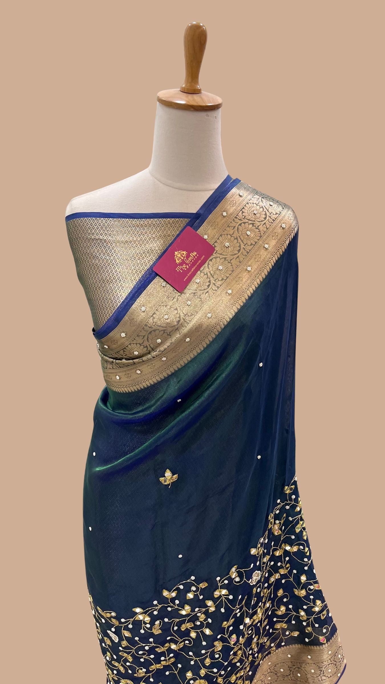 Pure Kora Tissue Silk Handloom Banarasi Saree - Handwork Zardozi Cut Dana and Stone Work