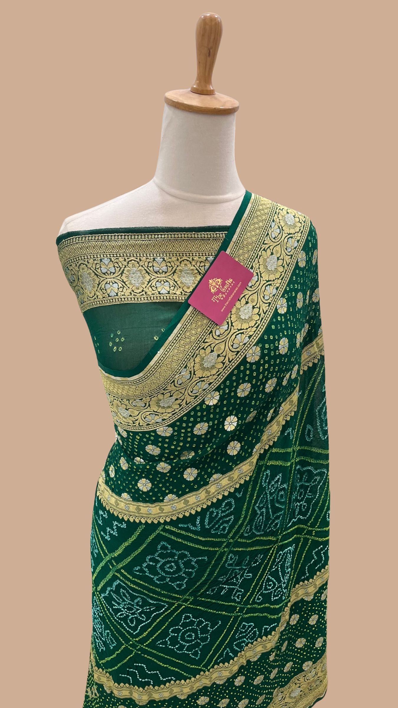 Pure Georgette Banarasi Handloom Bandhej Saree - All over Sona rupa Jaal work