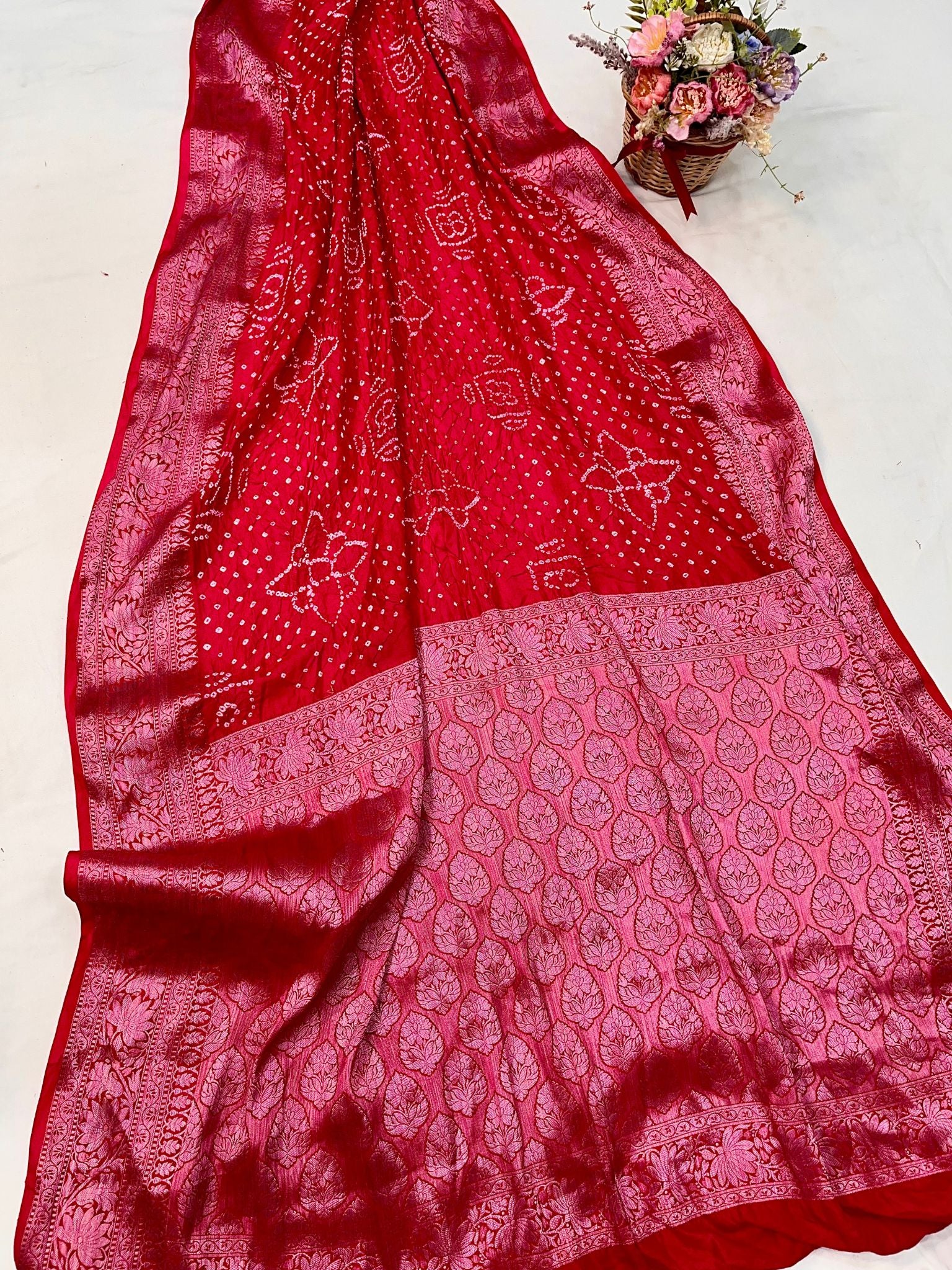 Pure Katan Silk Handloom Bandhej Banarasi Saree