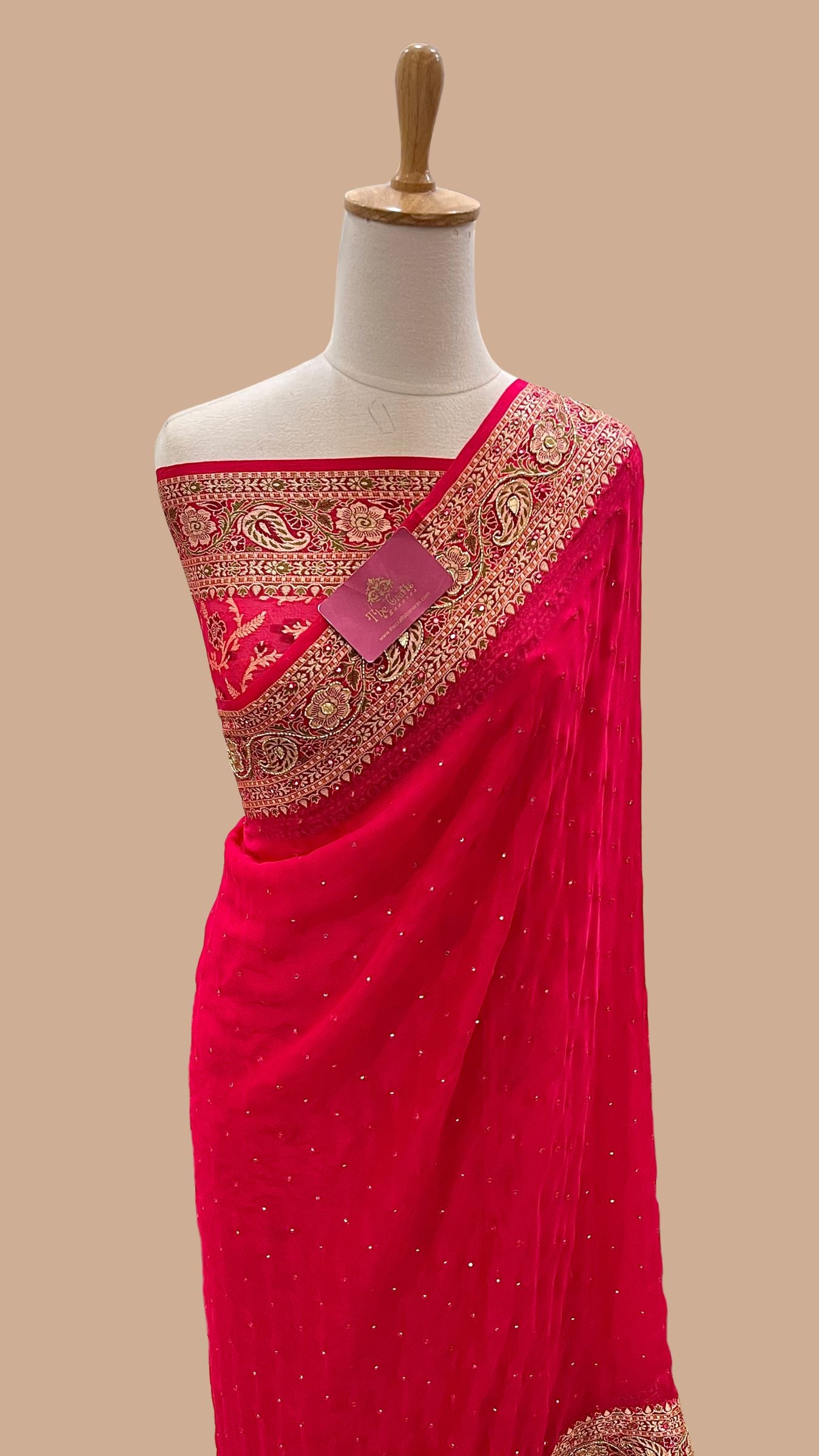 Pure Khaddi Chiffon Handloom Banarasi Saree - Handwork Mirror Cut Dana and Stone Work