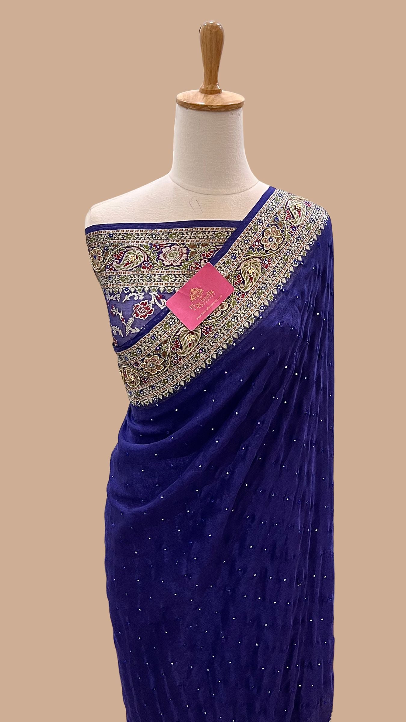 Pure Khaddi Chiffon Handloom Banarasi Saree - Handwork Mirror Cut Dana and Stone Work