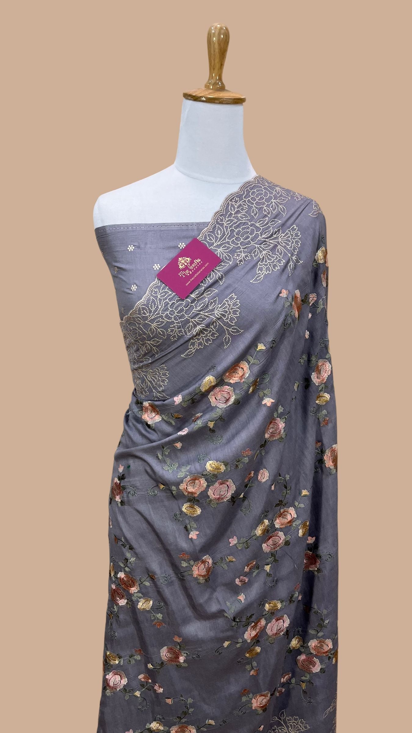 Pure Munga Silk Banarasi Saree - Chikankari all over