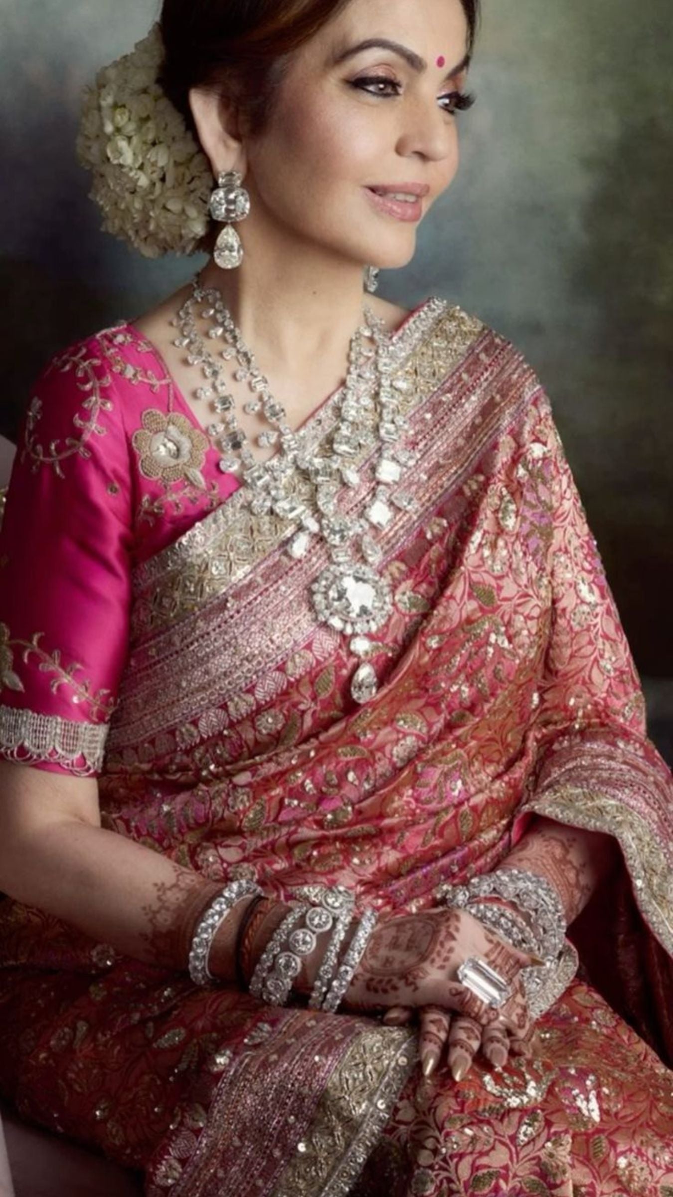 Nita Ambani in Pure katan Silk Handloom Banarasi Saree - Tanchui Brocade Meena with Zardozi Stone Work