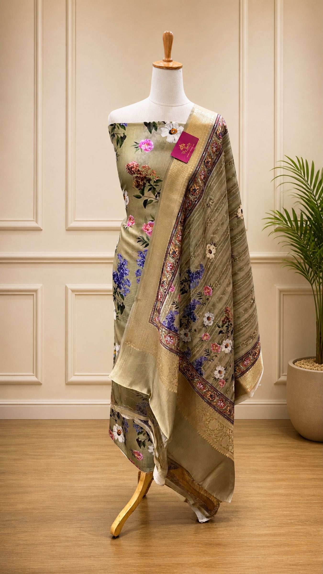 Pure Mango Silk Banarasi Dress Material - Digital Print All over