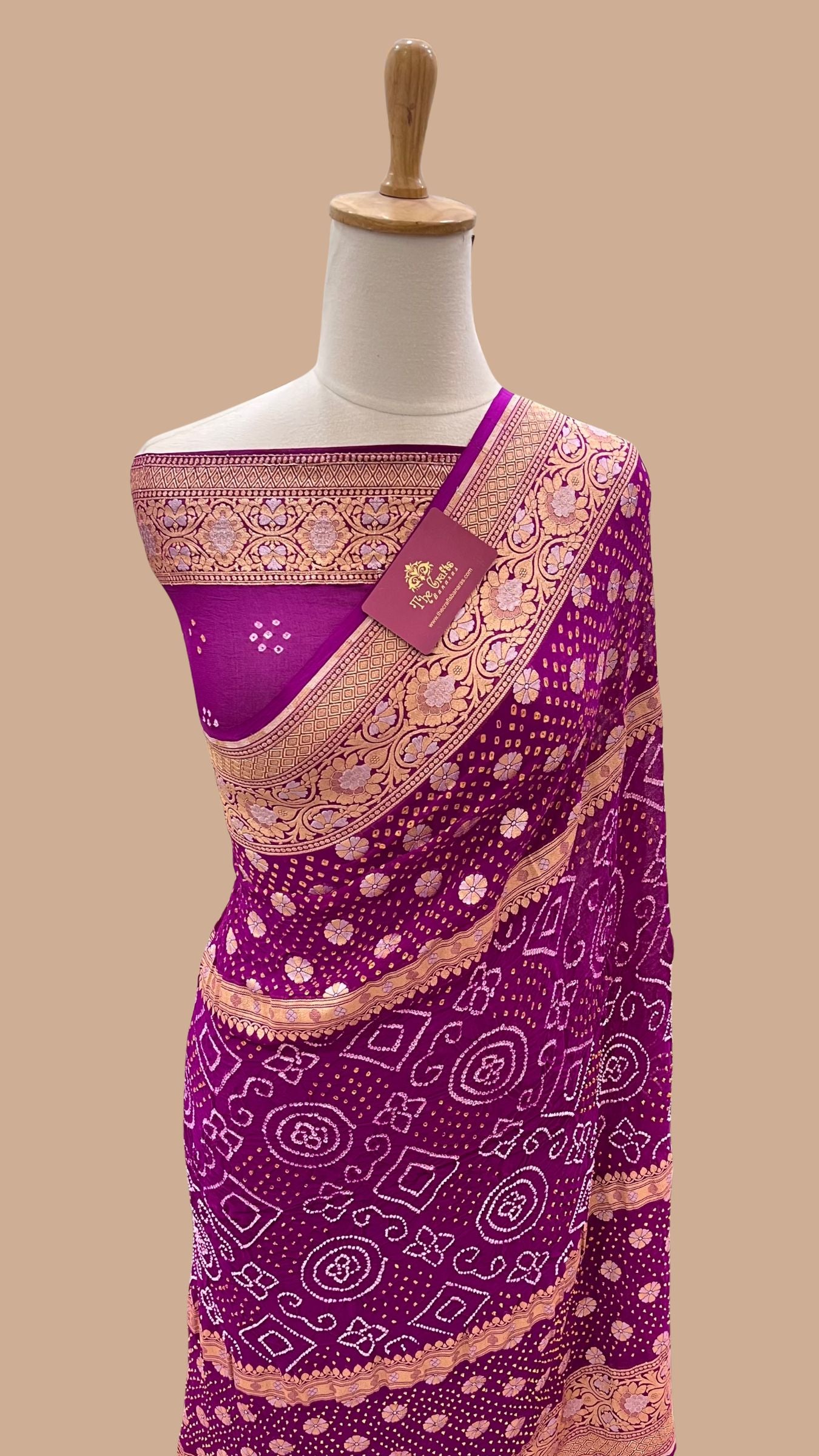 Pure Georgette Banarasi Handloom Bandhej Saree - All over Sona rupa Jaal work