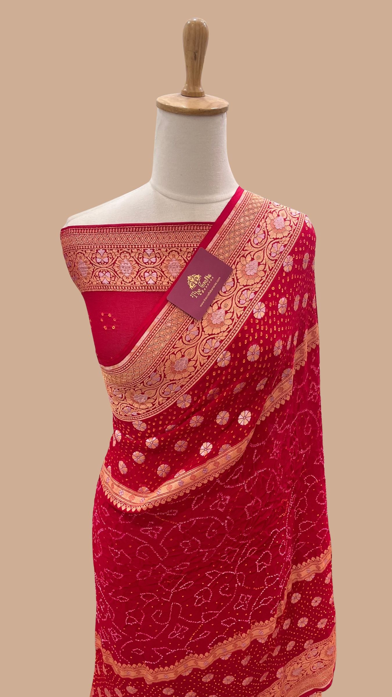 Pure Georgette Banarasi Handloom Bandhej Saree - All over Sona rupa Jaal work