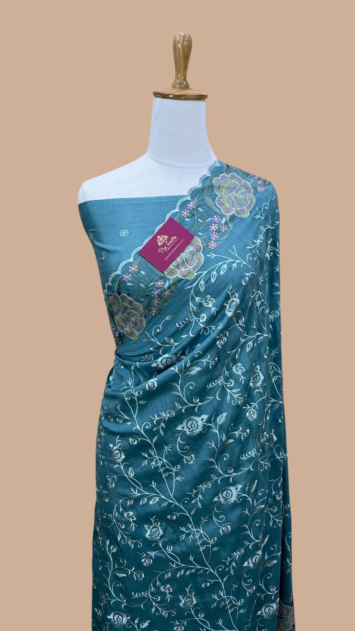 Pure Munga Silk Banarasi Saree - Chikankari all over