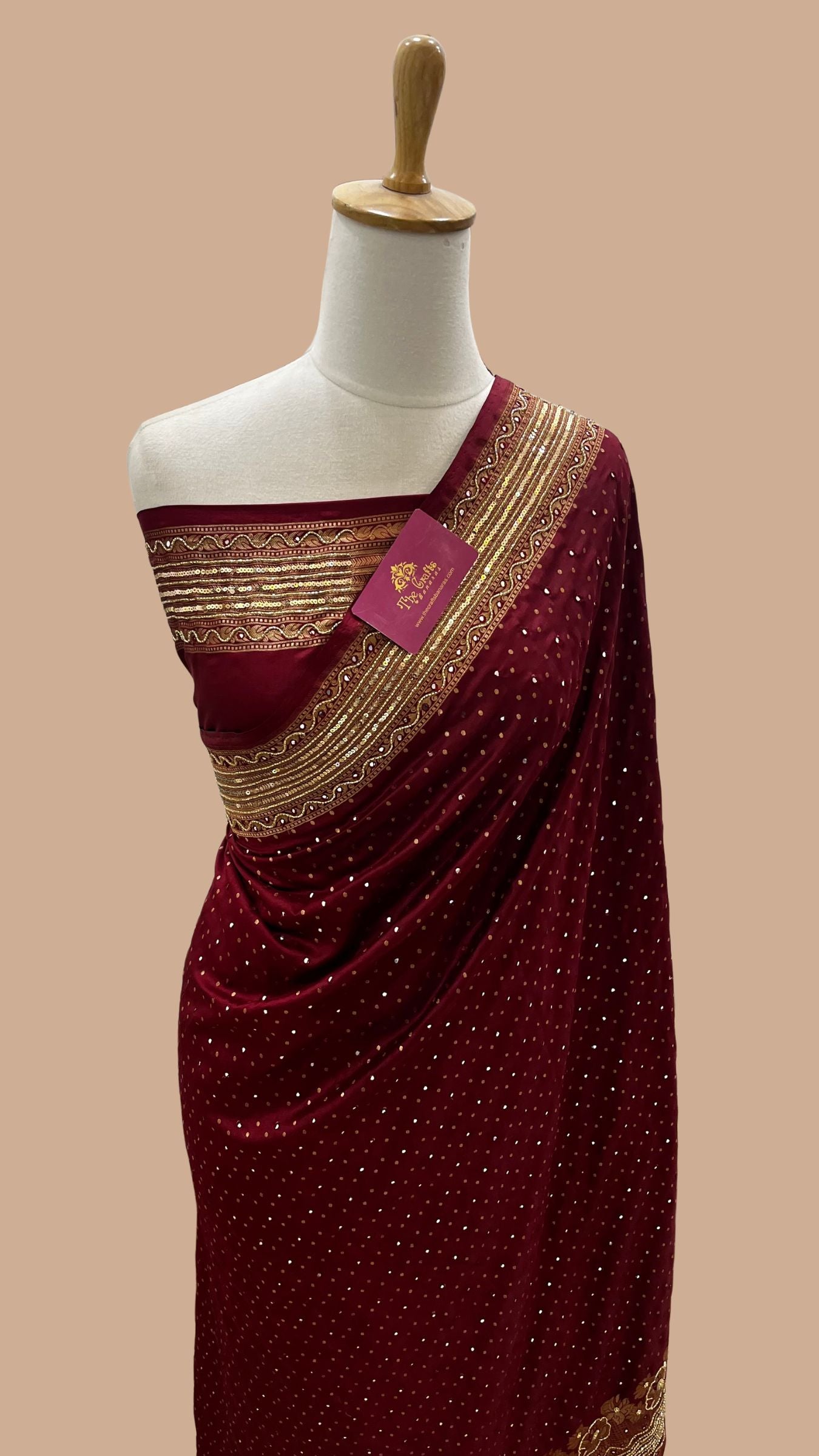 Pure Katan Silk Handloom Banarasi Saree - Chunri Buti with Zardozi Cut Dana and Mirror Work