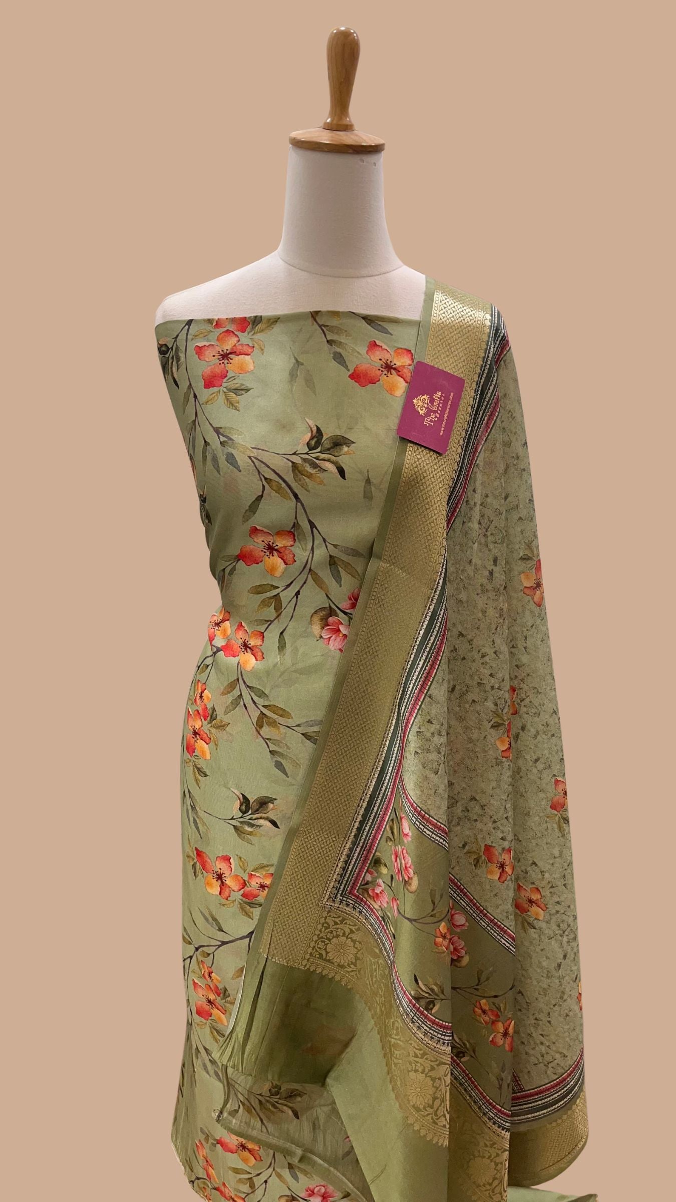 Pure Mango Silk Banarasi Dress Material - Digital Print All over