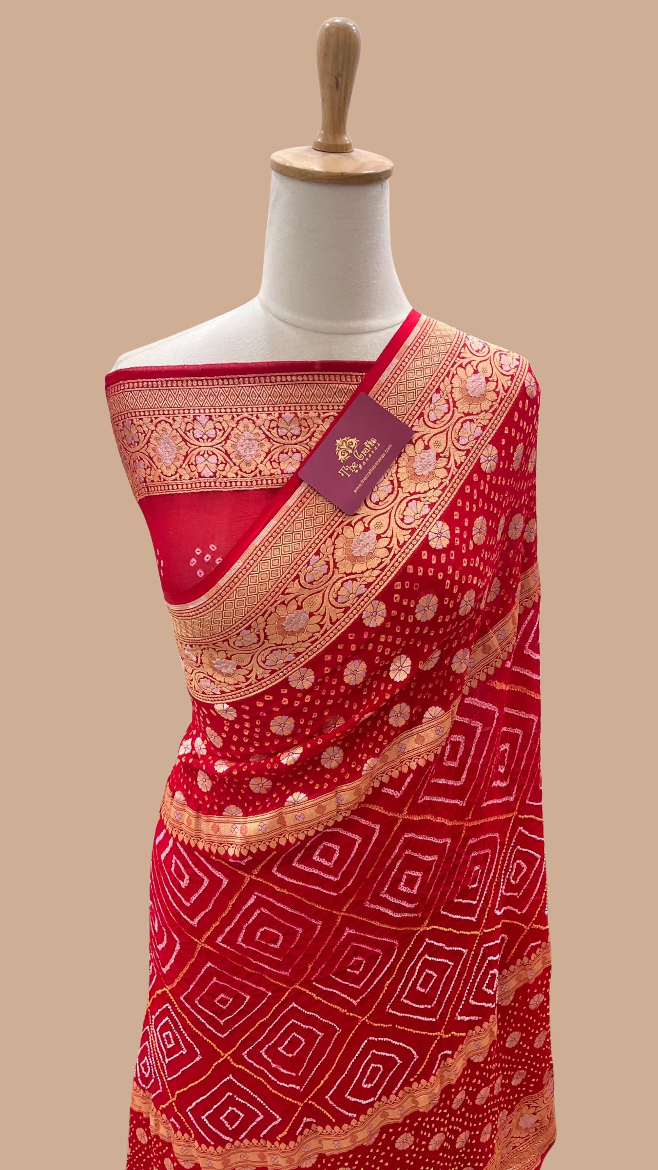 Pure Georgette Banarasi Handloom Bandhej Saree - All over Sona rupa Jaal work