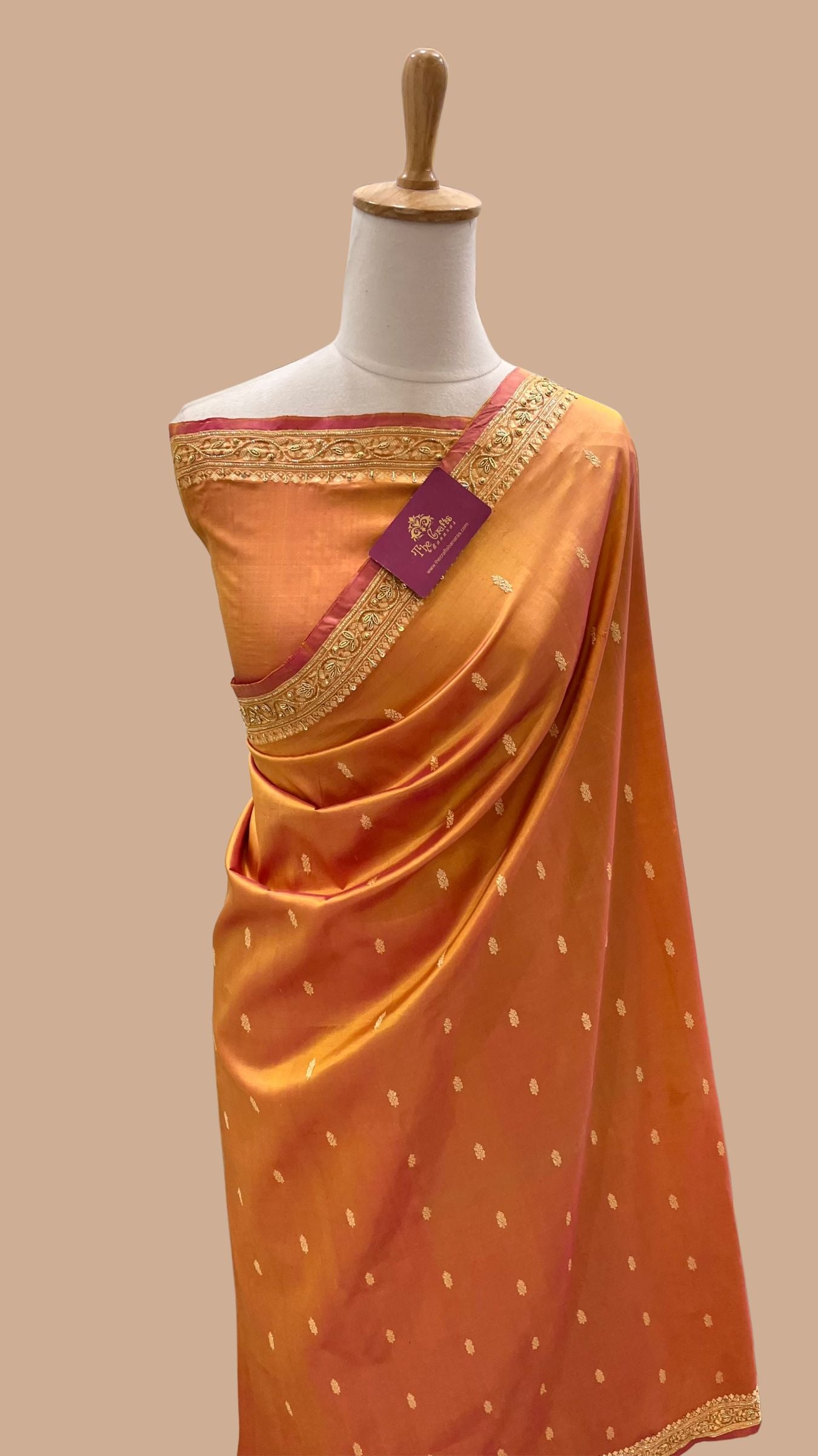 Pure Katan Silk Handloom Banarasi Saree - Resham Chunri Buti with Zadozi Moti Work