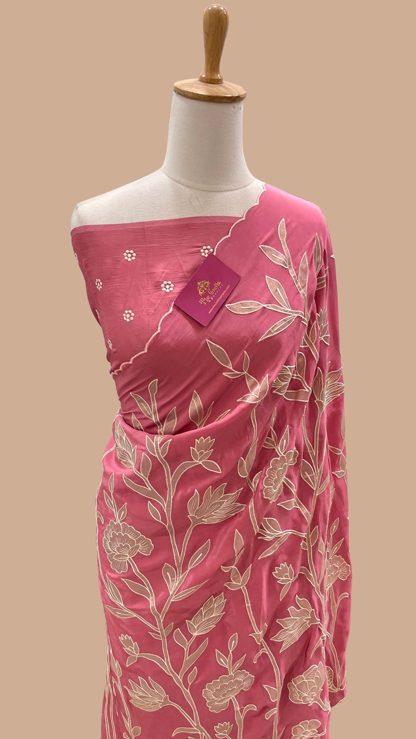 Pure Crepe Silk Banarasi Saree - Floral Appliqué Work