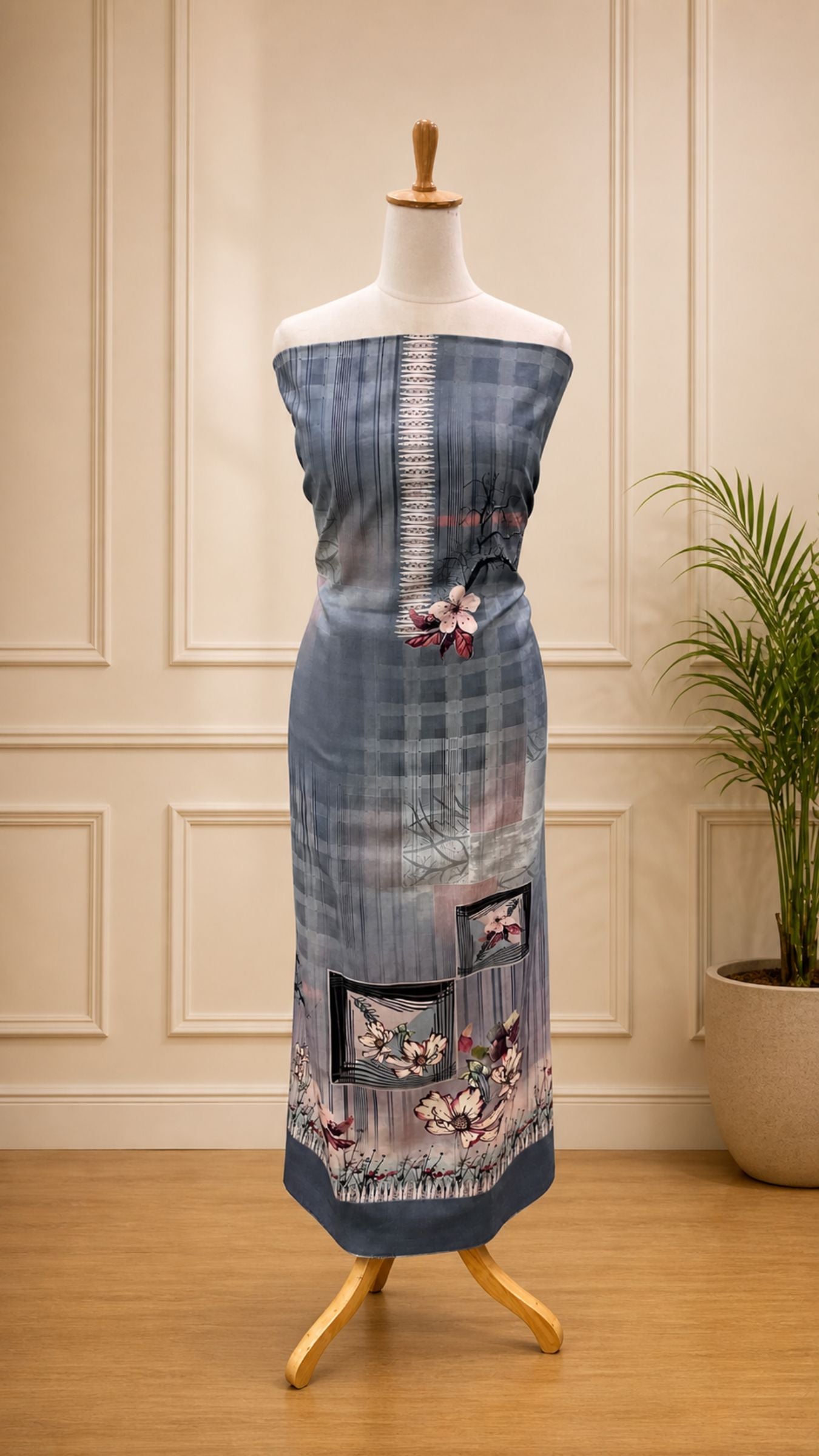 Pure Mango Silk Banarasi Dress Material - Digital Print All over
