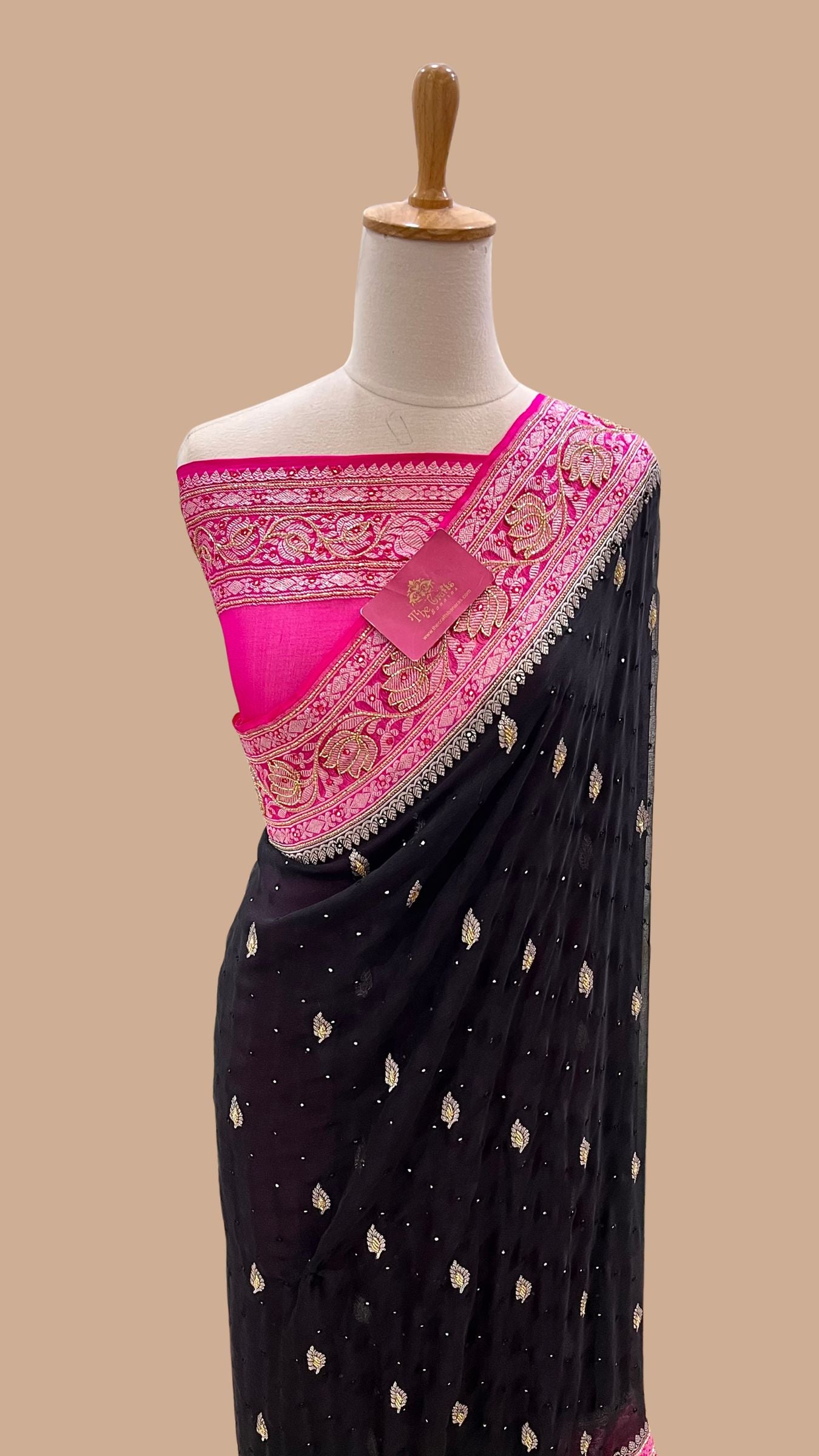 Pure Georgette Handloom Banarasi Saree - Handwork Mirror Cut Dana and Stone Work