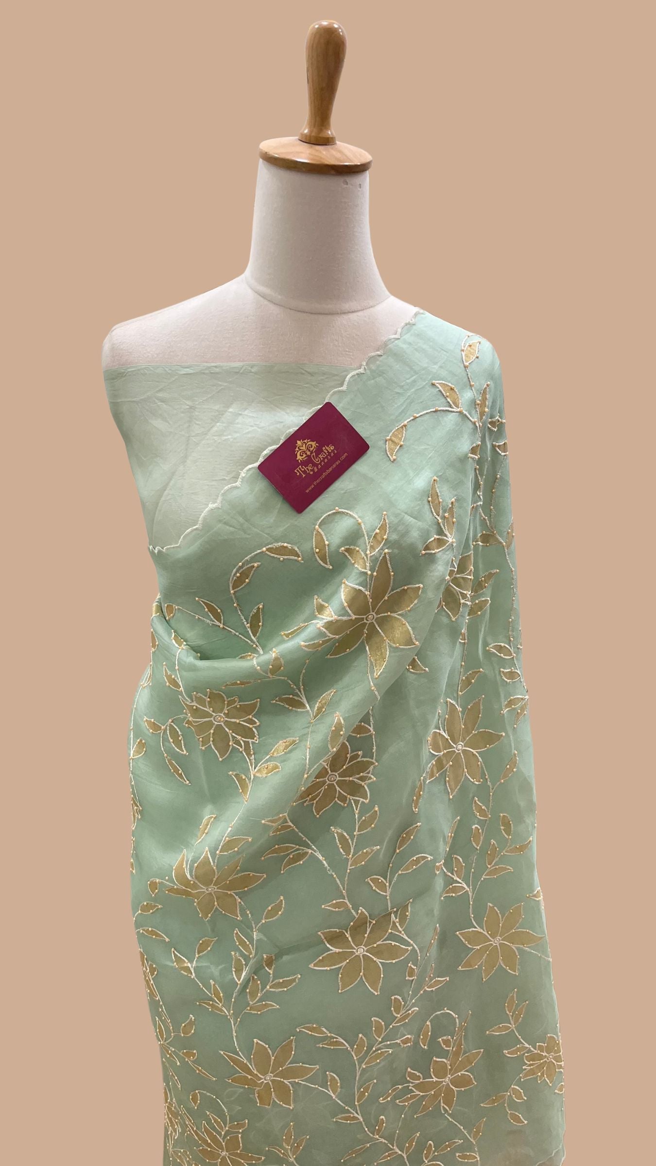 Pure Kora Organza Silk Banarasi Saree -  Applique work with Handwork Motifs