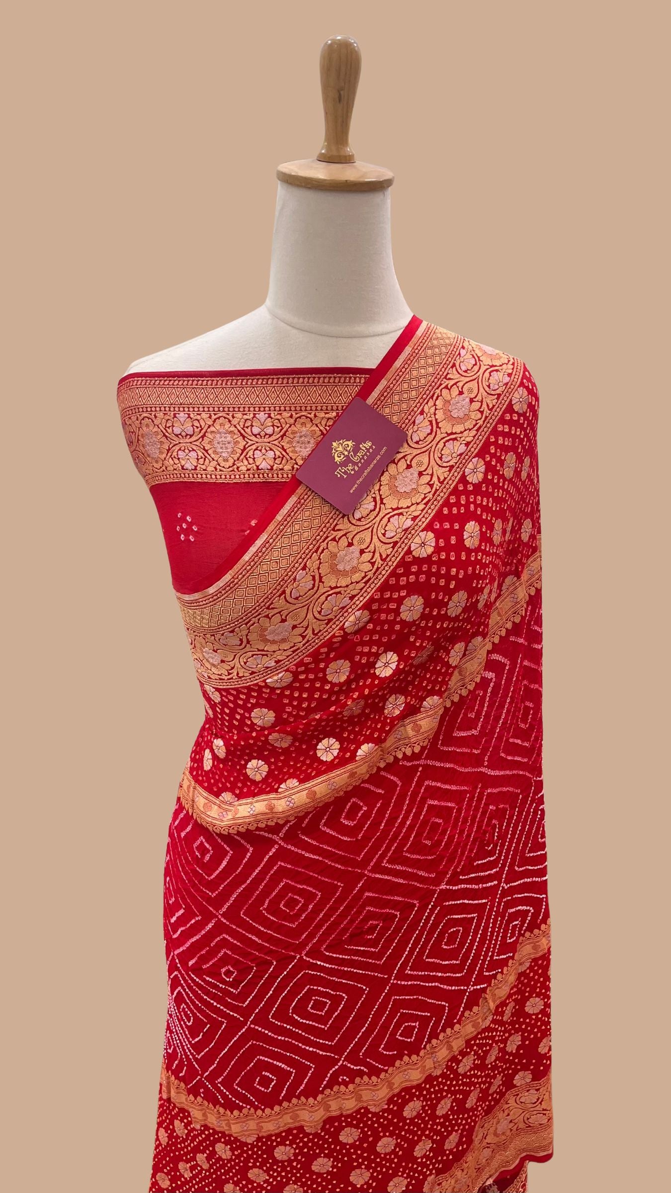 Pure Georgette Banarasi Handloom Bandhej Saree - All over Sona rupa Jaal work
