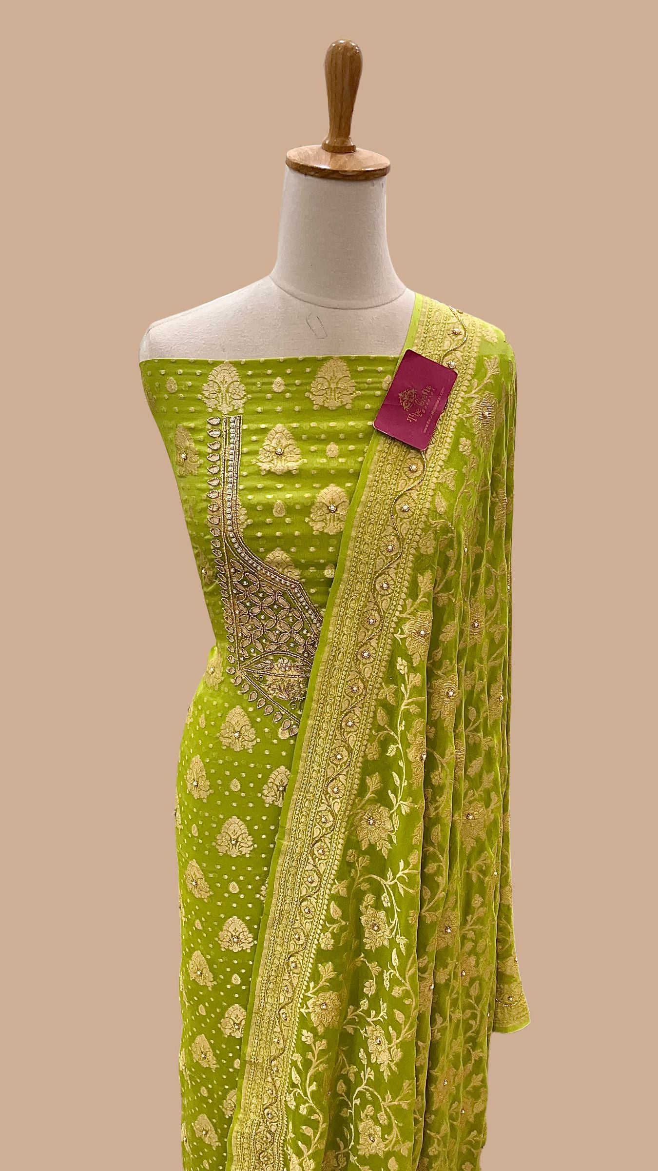 Banarasi Khaddi Georgette Dress Material - Handwork Gota Patti Zardozi Mirror Cut Dana and Stone Work