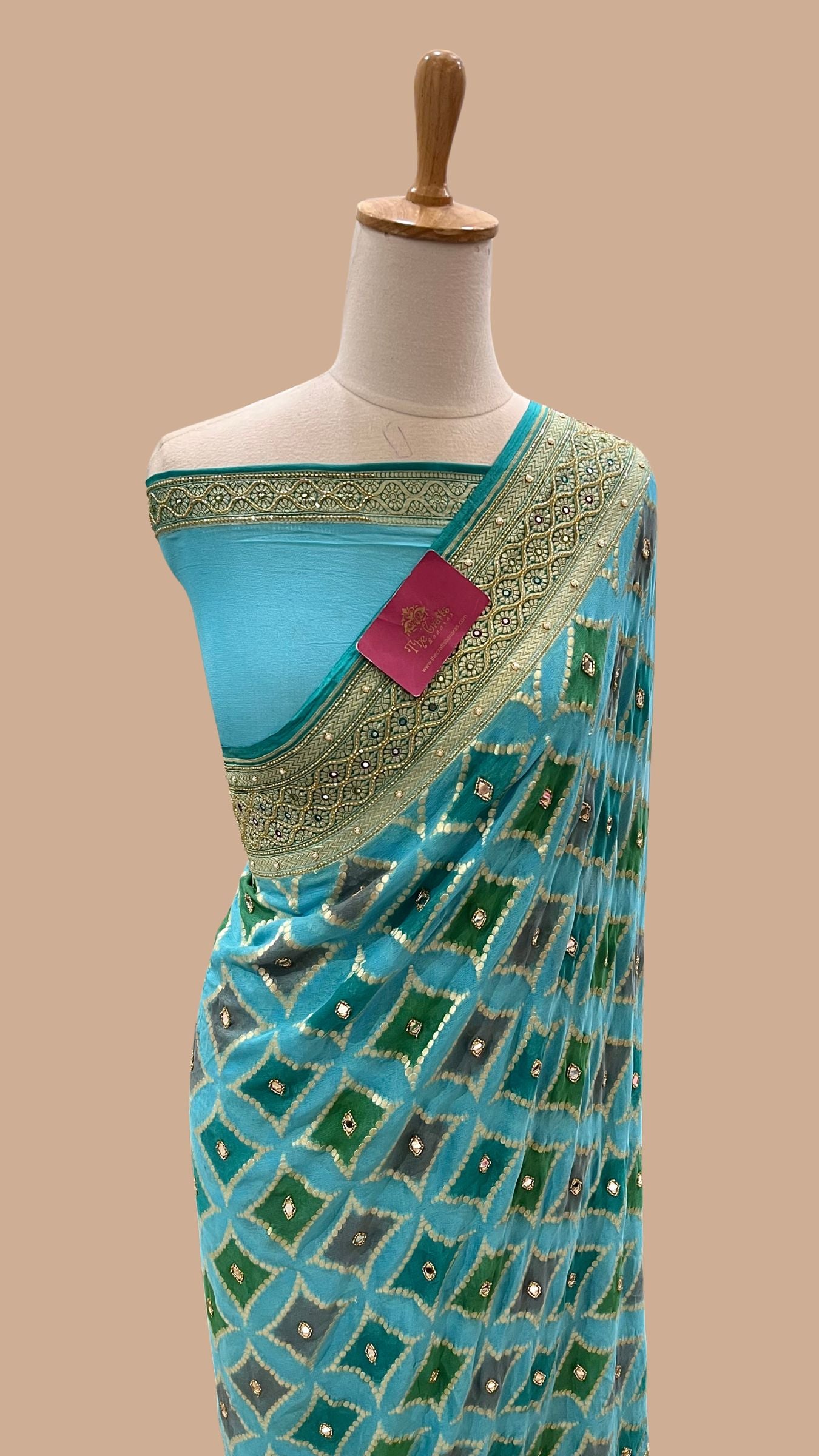 Pure Khaddi Georgette Handloom Banarasi Saree- Handwork Gota Patti Zardozi Mirror Cut Dana and Stone Work