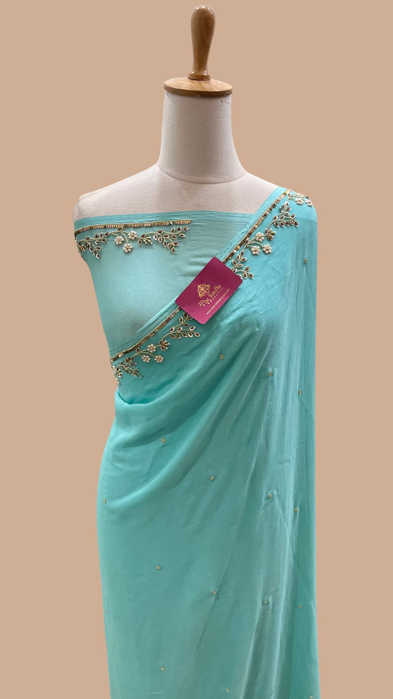 Pure Georgette Banarasi Saree - with Zardozi Floral Border & Sequin Motifs