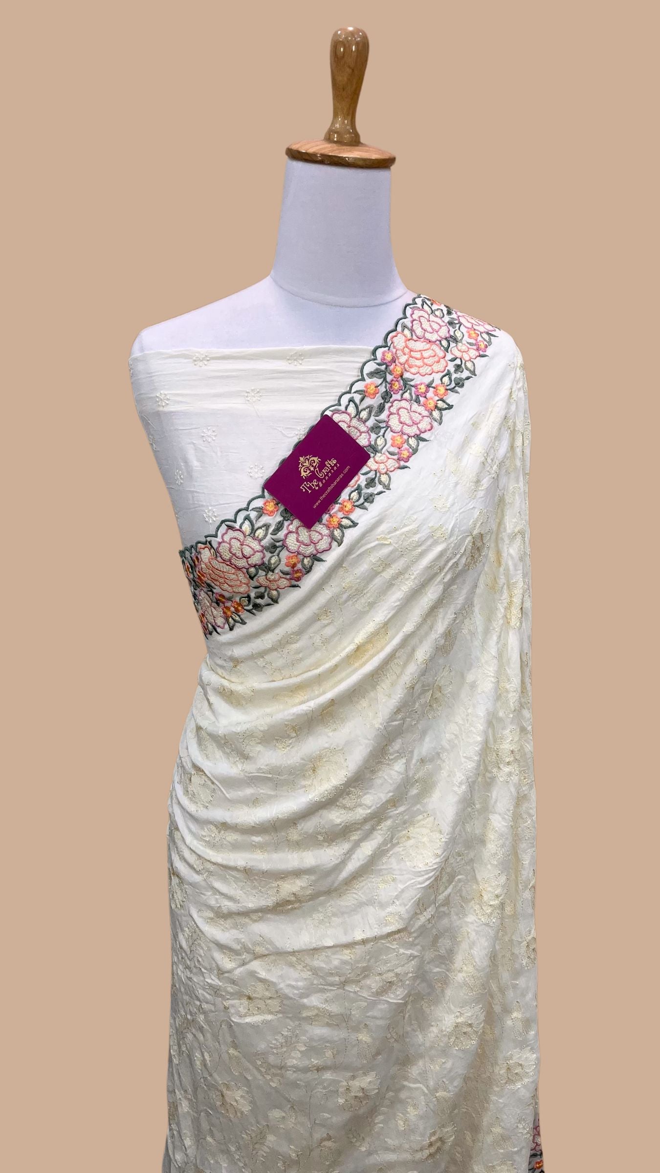 Pure Munga Silk Banarasi Saree - Chikankari all over