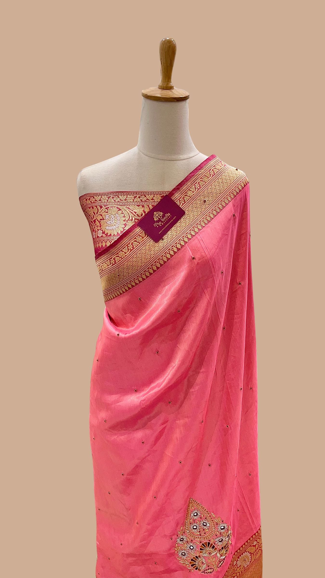 Pure Tissue Silk Handloom Banarasi Saree - Katan Sona Rupa Border with Zardozi Meena Cut Dana work