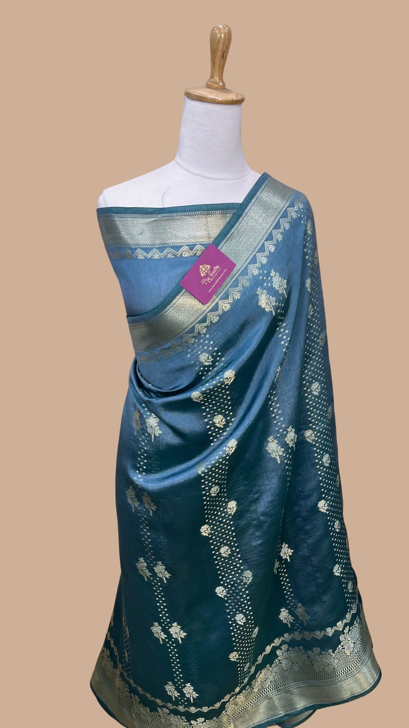 German Blue Pure Chiniya Silk Banarasi Saree