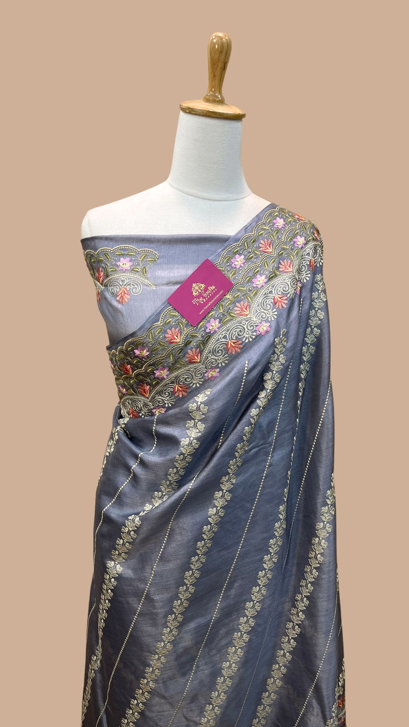 Pure Tussar Silk Chikankari Handloom Banarasi Saree