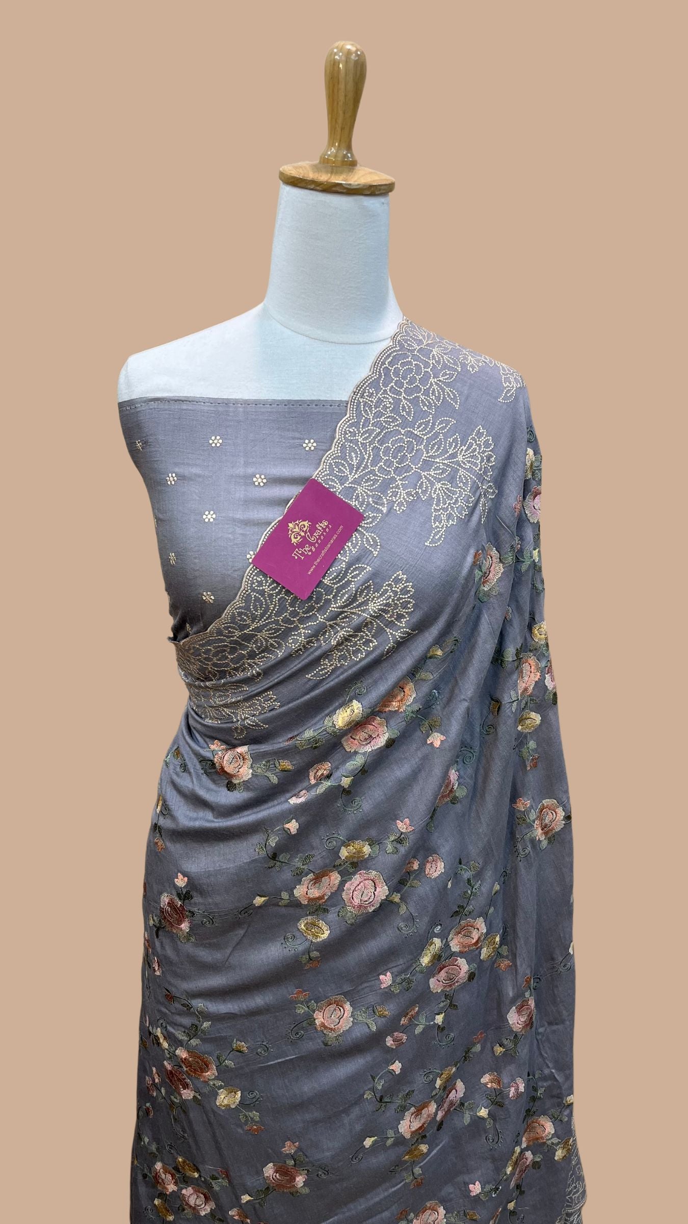 Pure Munga Silk Banarasi Saree - Chikankari all over