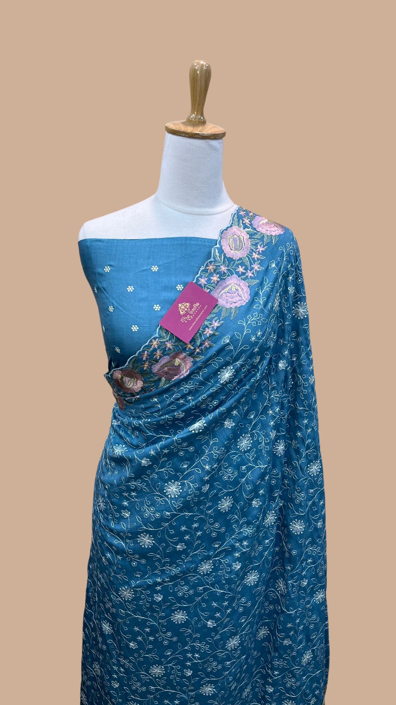 Pure Munga Silk Banarasi Saree - Chikankari all over