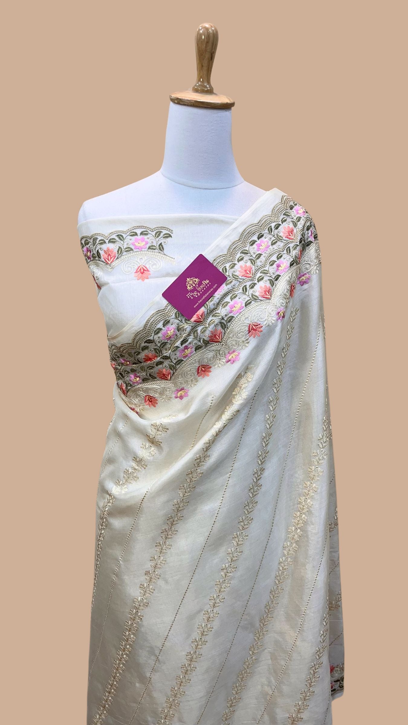 Pure Tussar Silk Chikankari Handloom Banarasi Saree