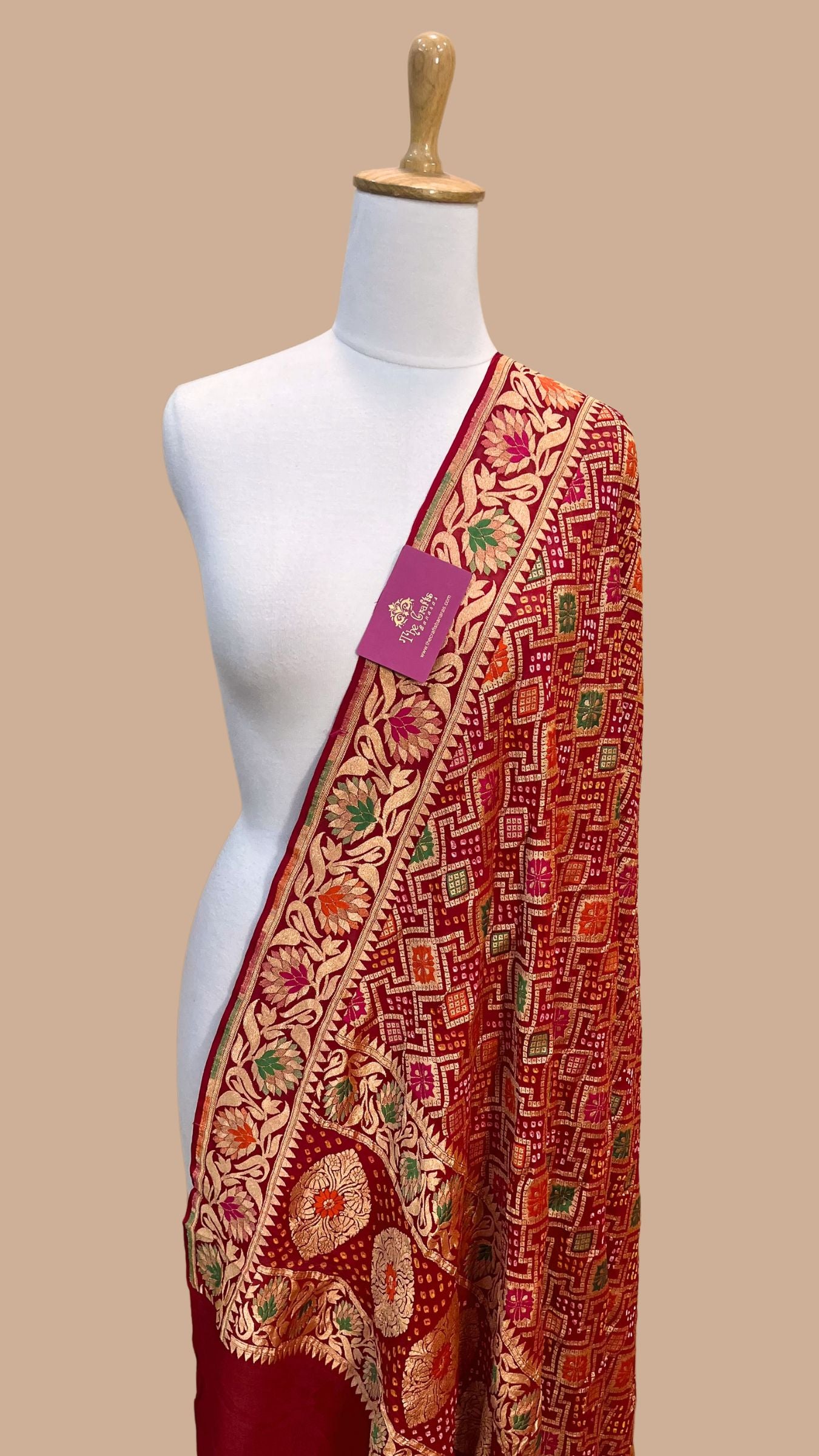 Khaddi Georgette Banarasi Handloom Bandhej Dupatta - Meenakari