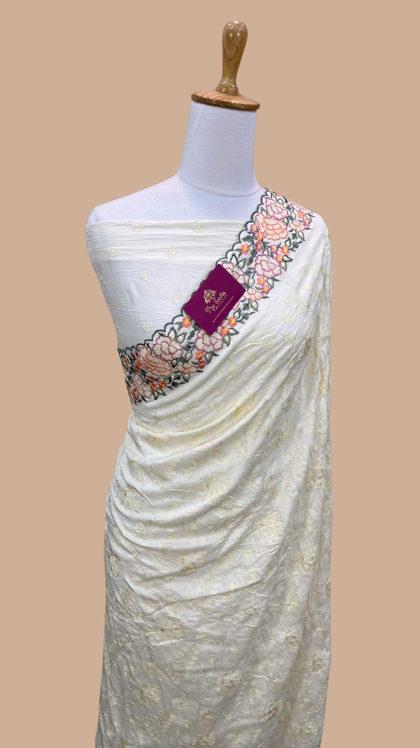 Pure Munga Silk Banarasi Saree - Chikankari all over