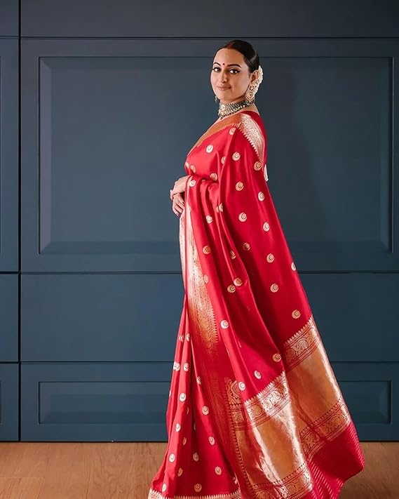 Sonakshi Sinha Red Pure Katan Silk Handloom Banarasi Saree - with kadhua motifs