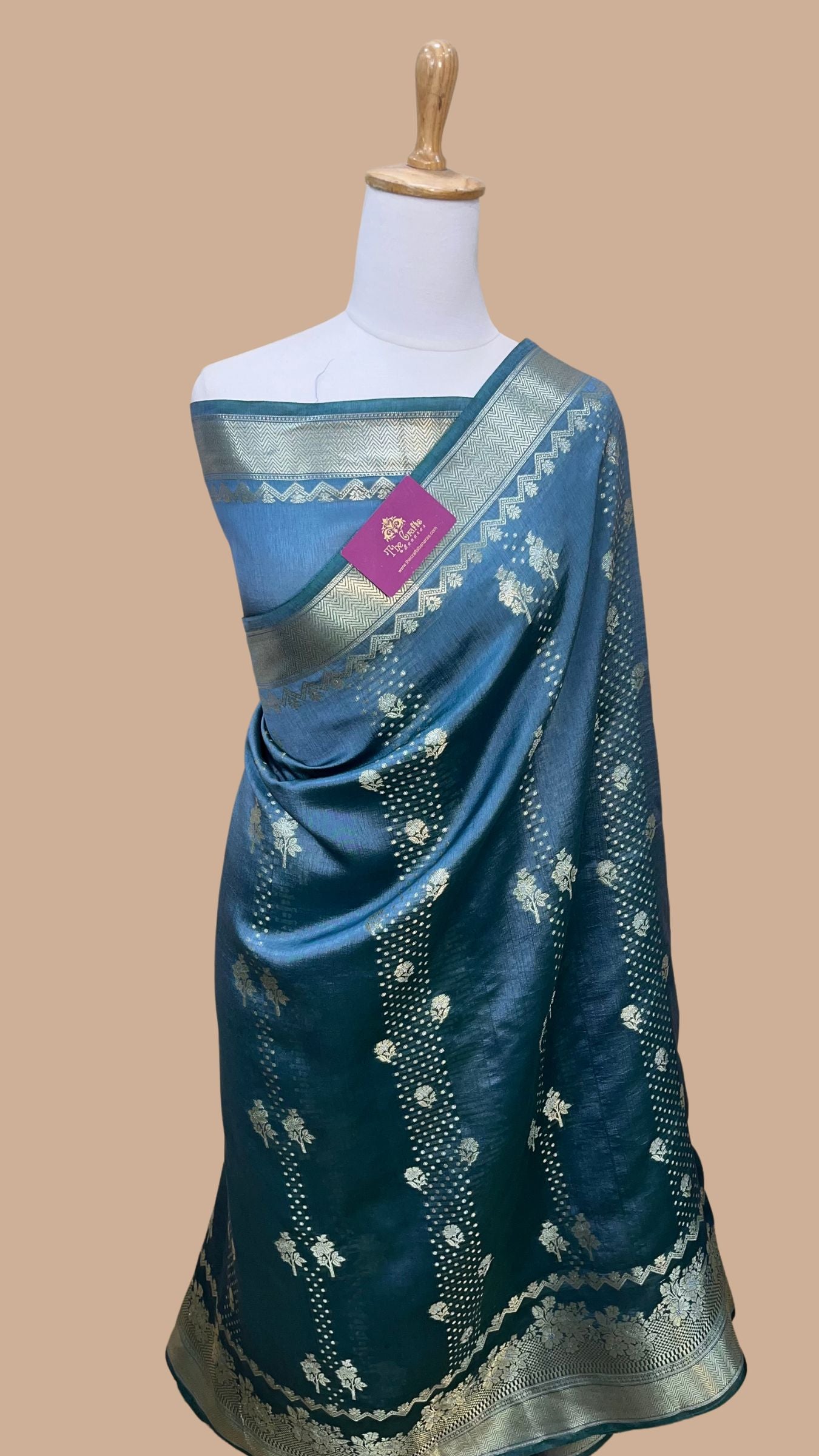 German Blue Pure Chiniya Silk Banarasi Saree