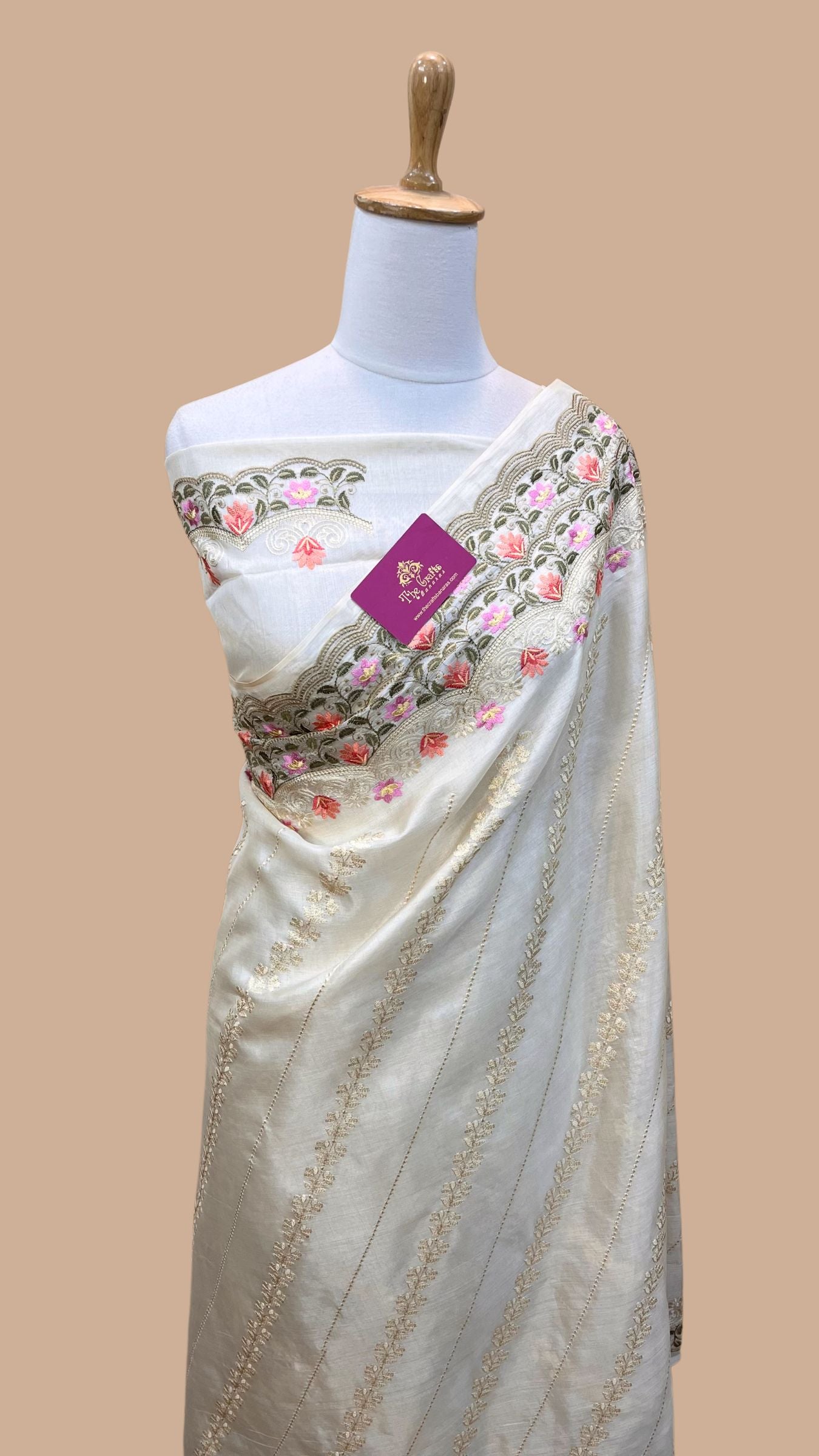 Pure Tussar Silk Chikankari Handloom Banarasi Saree