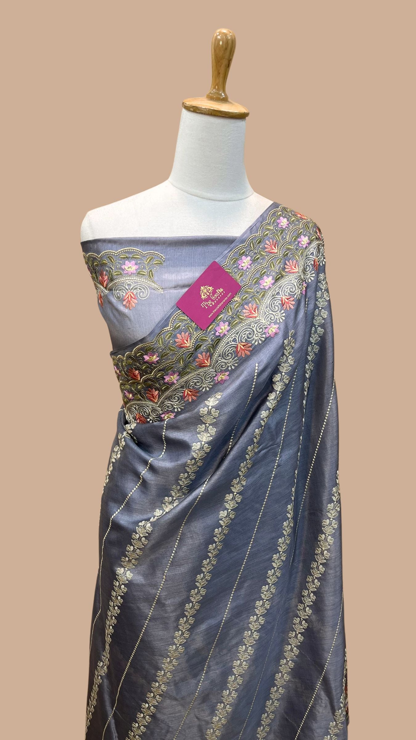 Pure Tussar Silk Chikankari Handloom Banarasi Saree