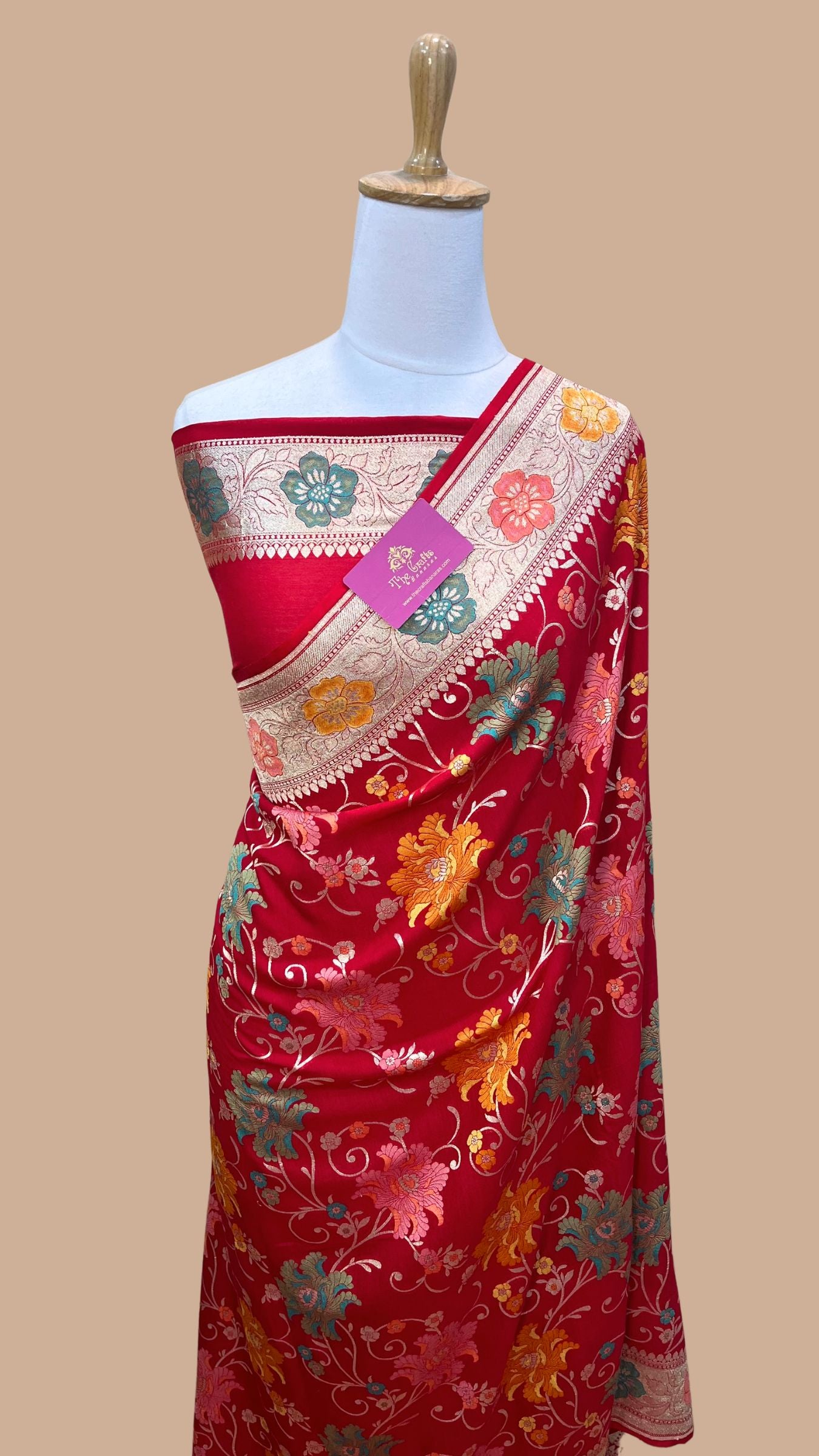 Pure Munga SIlk Handloom Banarasi Saree - Jaal With Meenakari