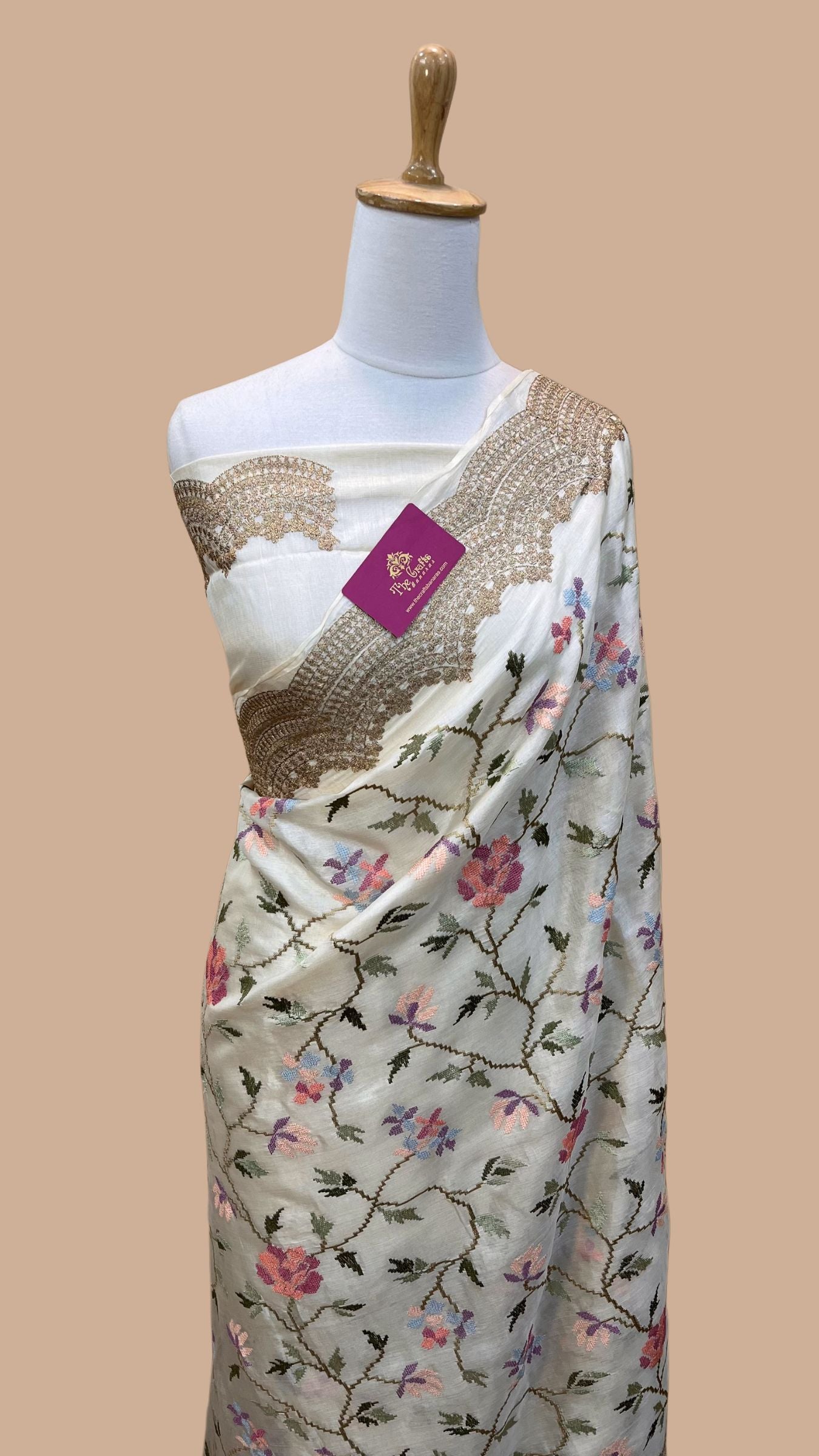 Pure Tussar Silk Chikankari Handloom Banarasi Saree